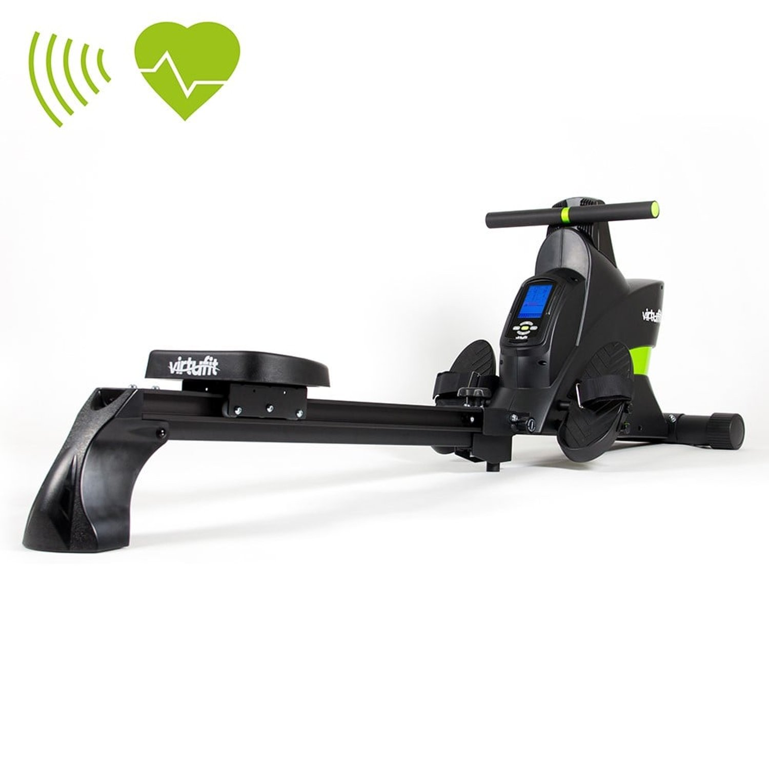 Schwarze und grüne VirtuFit Rudermaschine auf weißem Hintergrund, mit Herzfrequenzmonitor-Symbol darüber.
