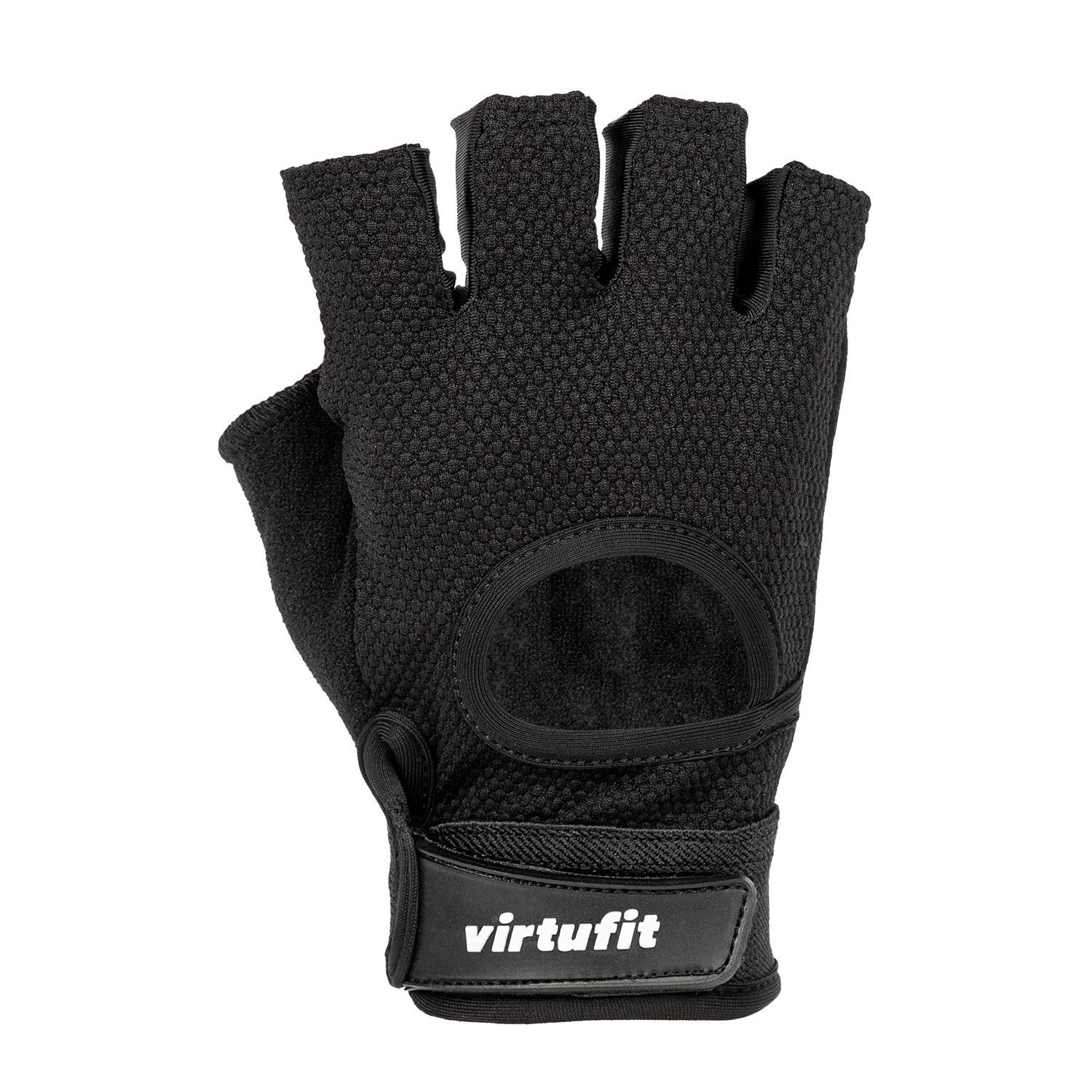 Ein schwarzer Virtufit-Handschuh zum Gewichtheben. Er hat einen Handgelenkriemen, ein fingerloses Design und eine strukturierte Oberfläche.