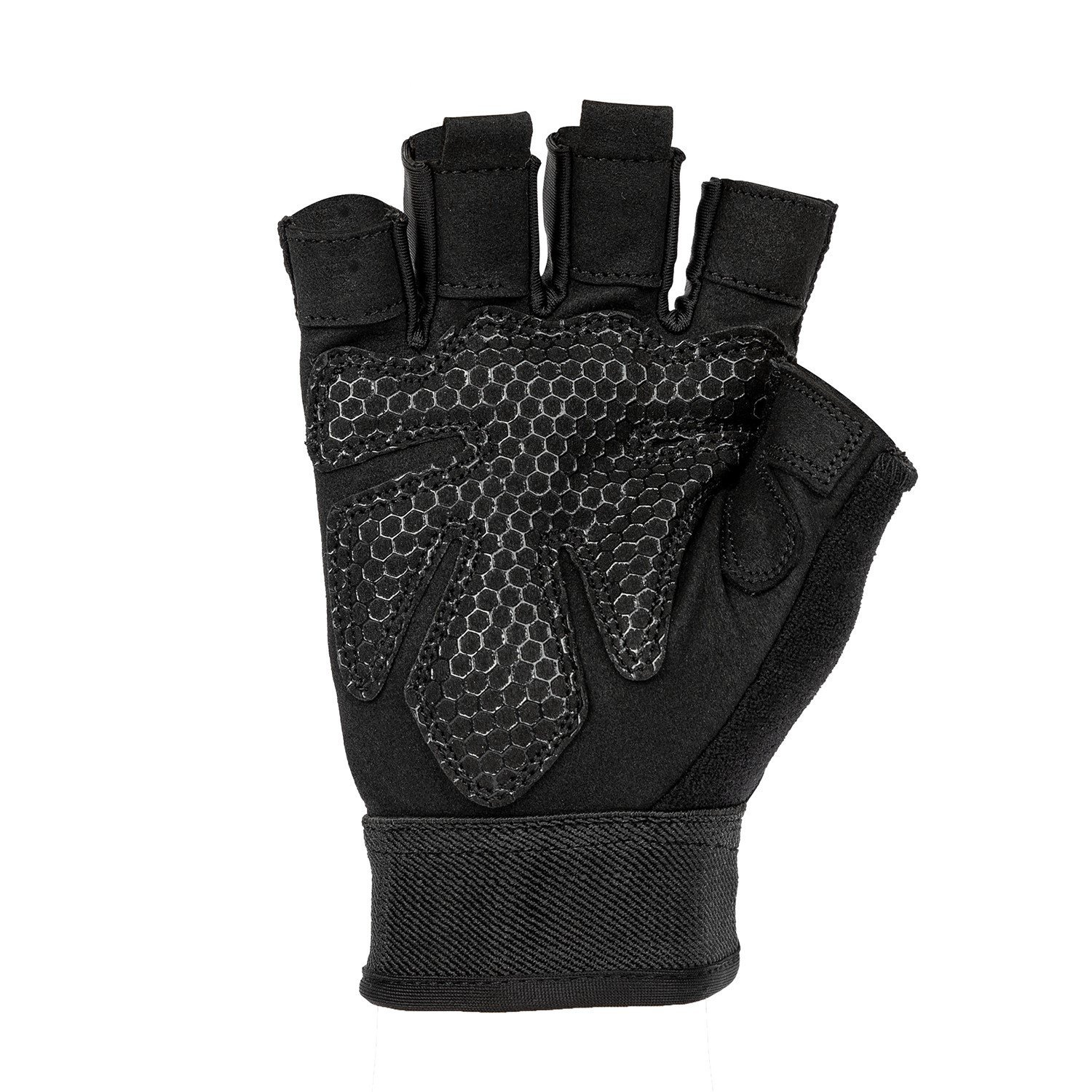 Schwarzer Gewichtheberhandschuh mit Fingeraussparungen. Er hat eine strukturierte Handfläche und einen Handgelenkriemen.