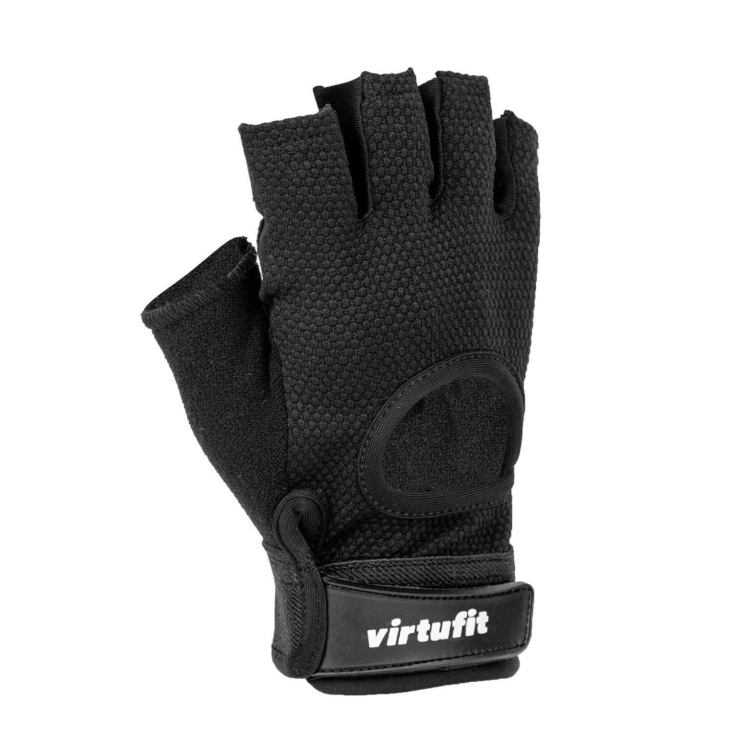 Ein schwarzer Virtufit-Handschuh zum Gewichtheben. Er hat abgeschnittene Finger, einen Handgelenkriemen und eine strukturierte Oberfläche für Griffigkeit.