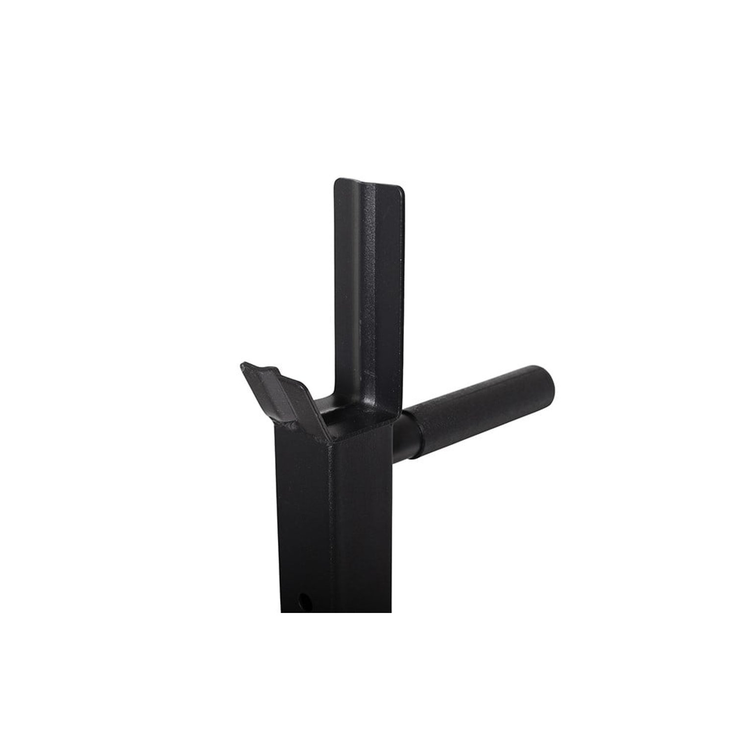 Nahaufnahme eines schwarzen Metall-Gewichtshalters. Er hat einen vertikalen Pfosten, einen gebogenen Arm und eine horizontale Stange.