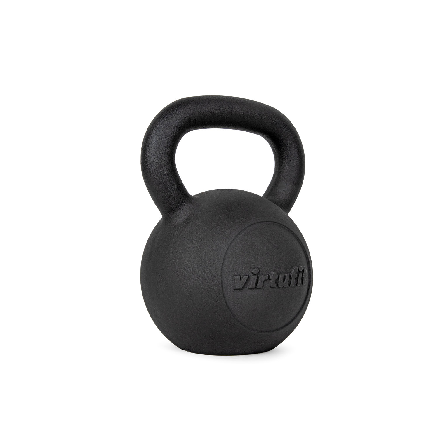 Eine schwarze Kettlebell mit Griff steht im Zentrum vor einem weißen Hintergrund. Das Wort 'virtufi' ist auf der Oberfläche geprägt.