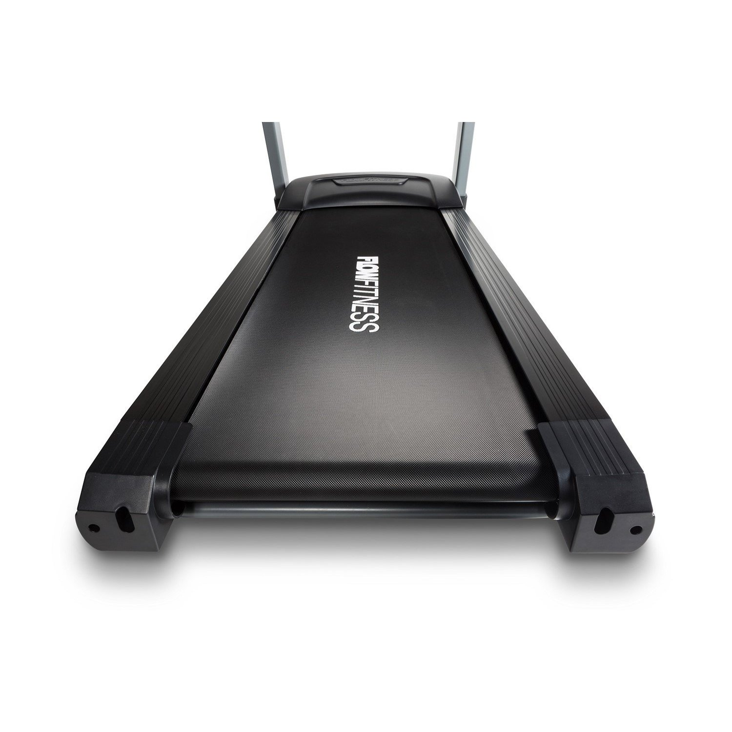 Ein schwarzes Laufband mit dem Aufdruck 'Flow Fitness' auf weißem Hintergrund.