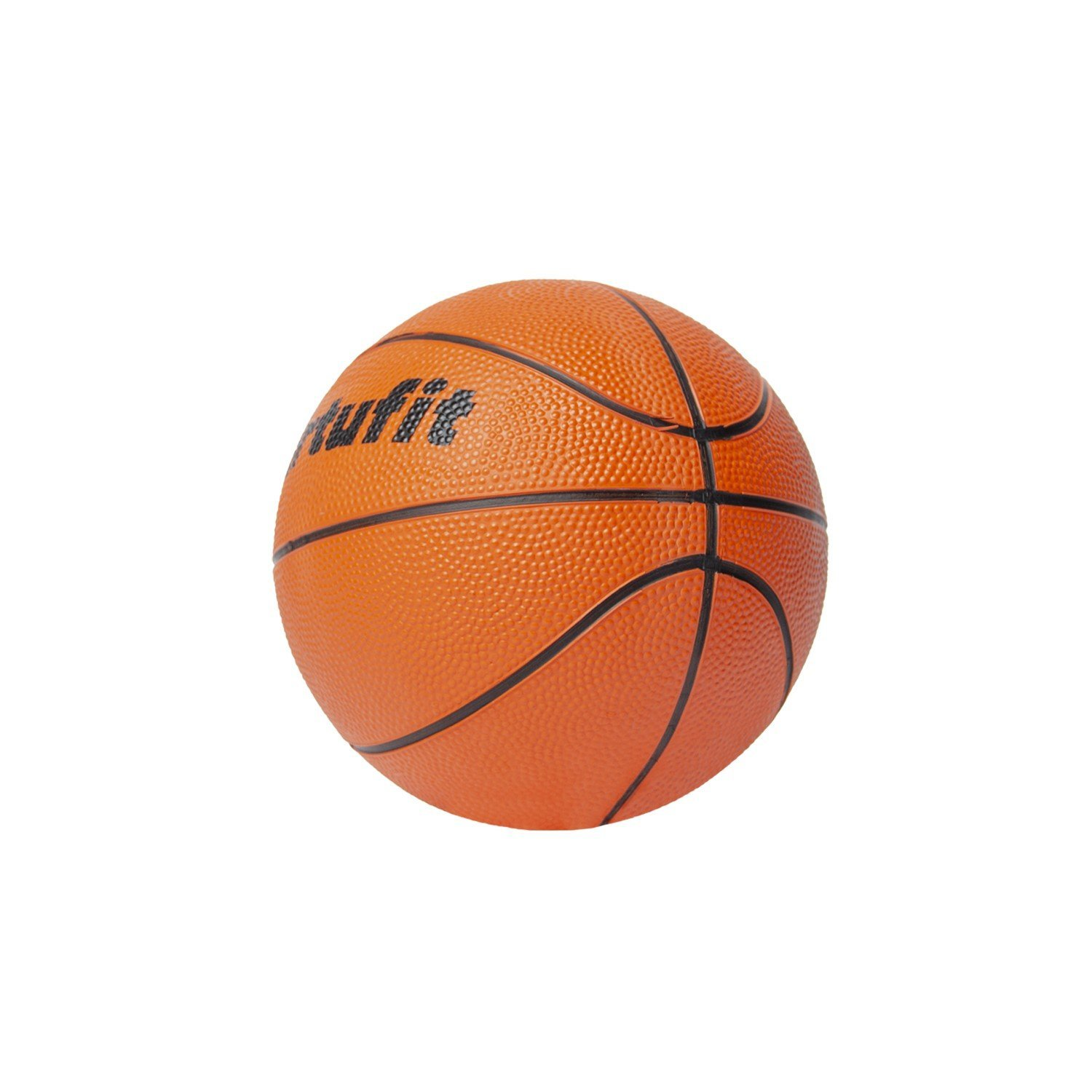 Ein orangefarbener Basketball mit schwarzen Linien ist vor einem weißen Hintergrund zentriert. Das Wort 'tufit' ist sichtbar.