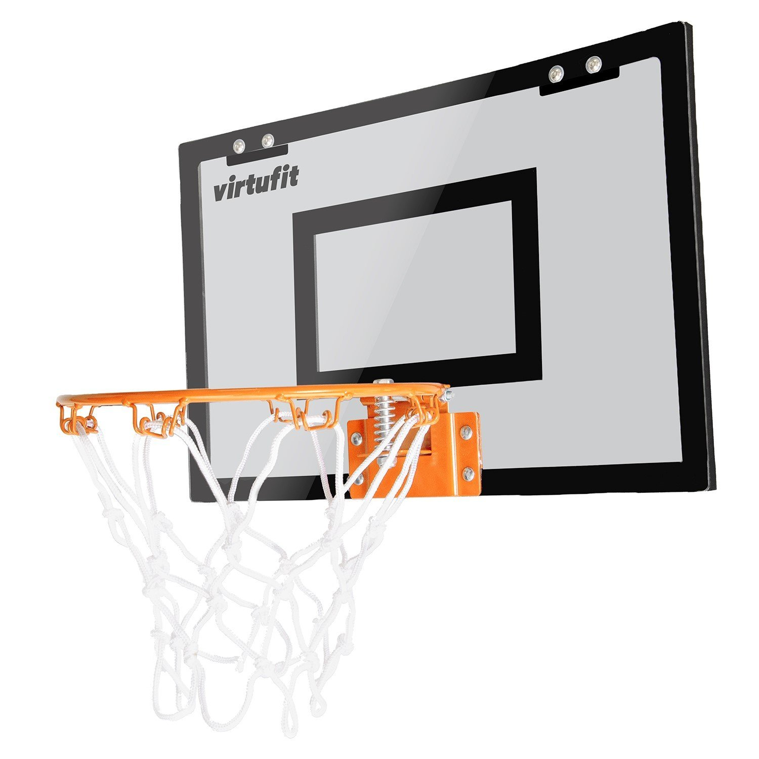 Ein Basketballkorb mit durchsichtiger Platte und orangefarbenem Ring. Das Netz ist weiß. Das Wort 'virtufit' ist sichtbar.