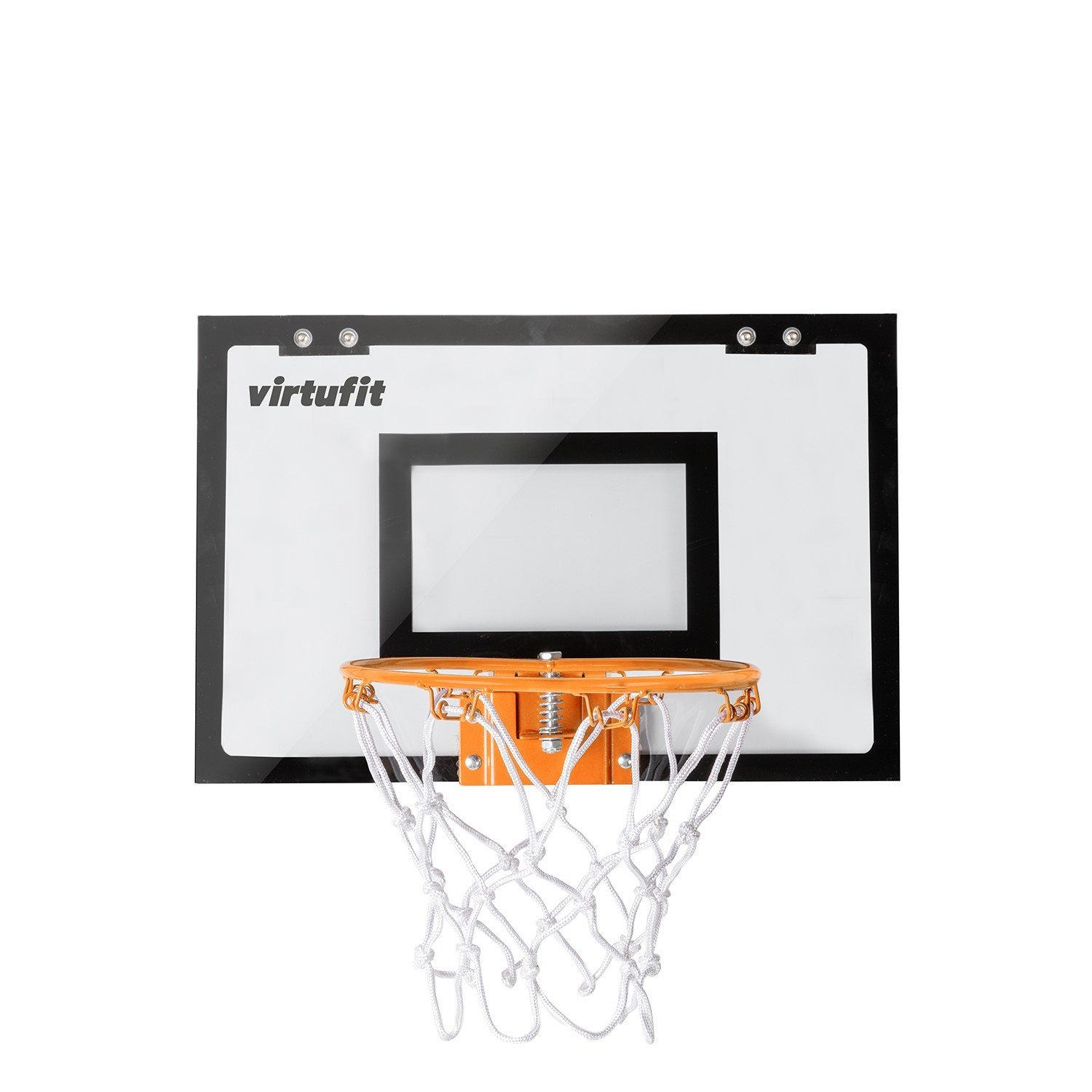 Ein Basketballkorb mit orangefarbenem Ring, weißem Netz und einer schwarz-weißen Rückwand. Die Marke 'virtufit' ist sichtbar.