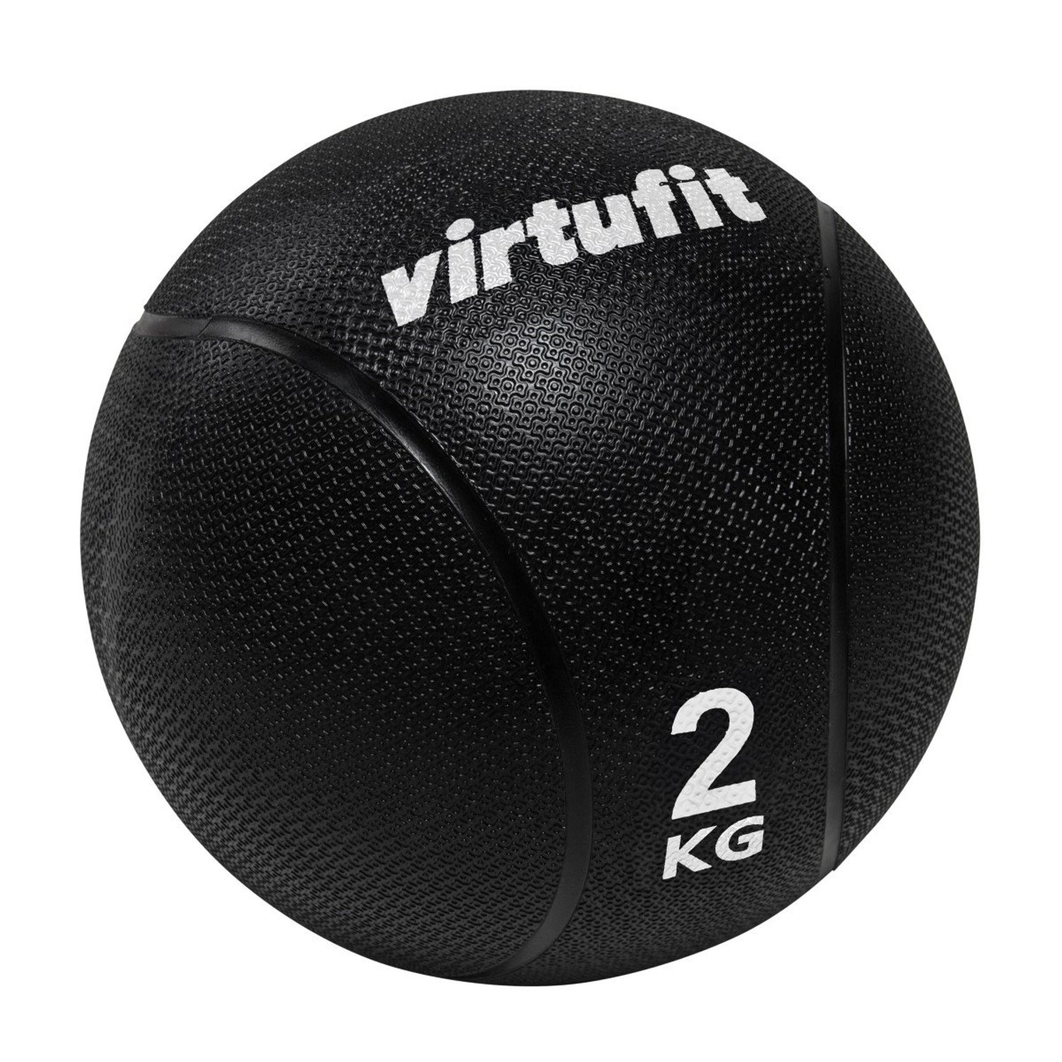 Ein schwarzer Medizinball mit dem Markennamen 'Virtufit' in Weiß. Er hat eine '2 KG' Markierung in Weiß.