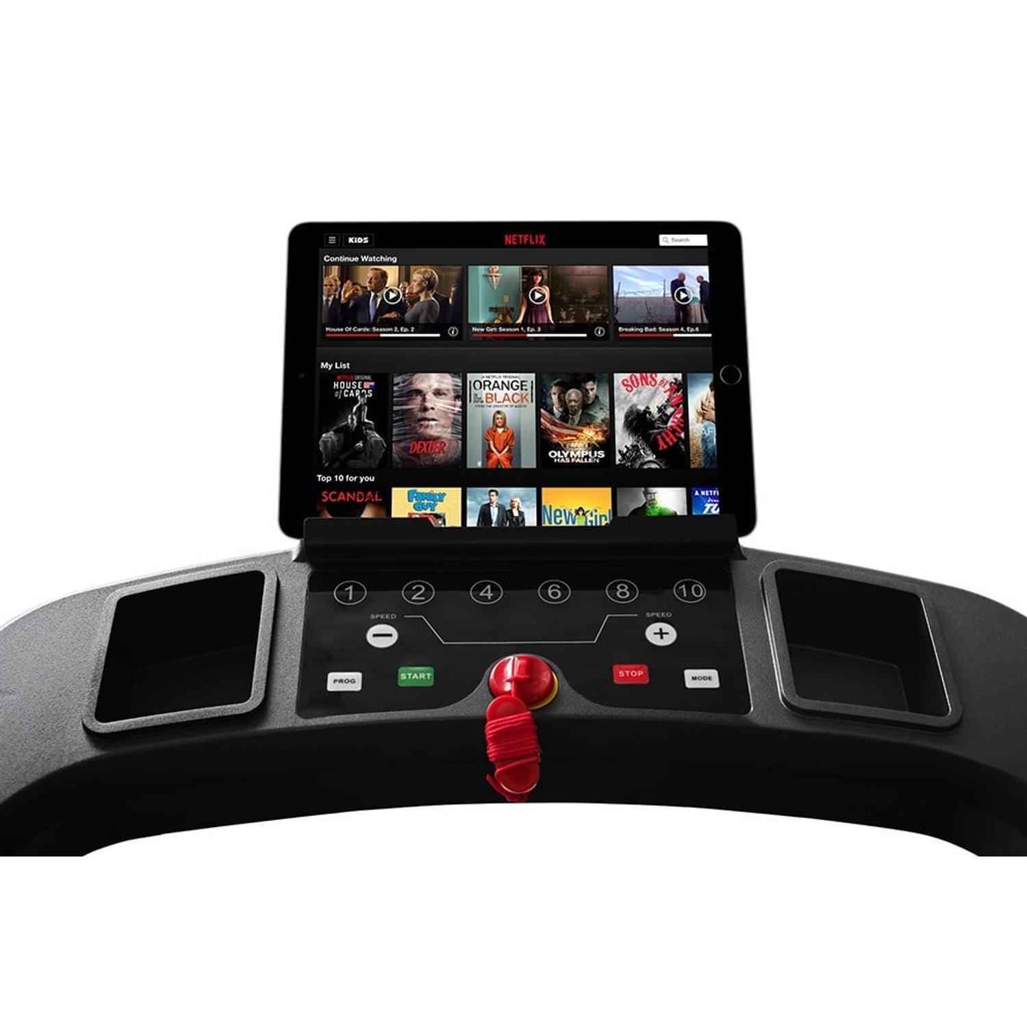 Laufband mit Tablet, das Netflix zeigt. Sendungen wie House of Cards und Breaking Bad sind sichtbar. Bedienelemente umfassen Geschwindigkeit und Start/Stopp.