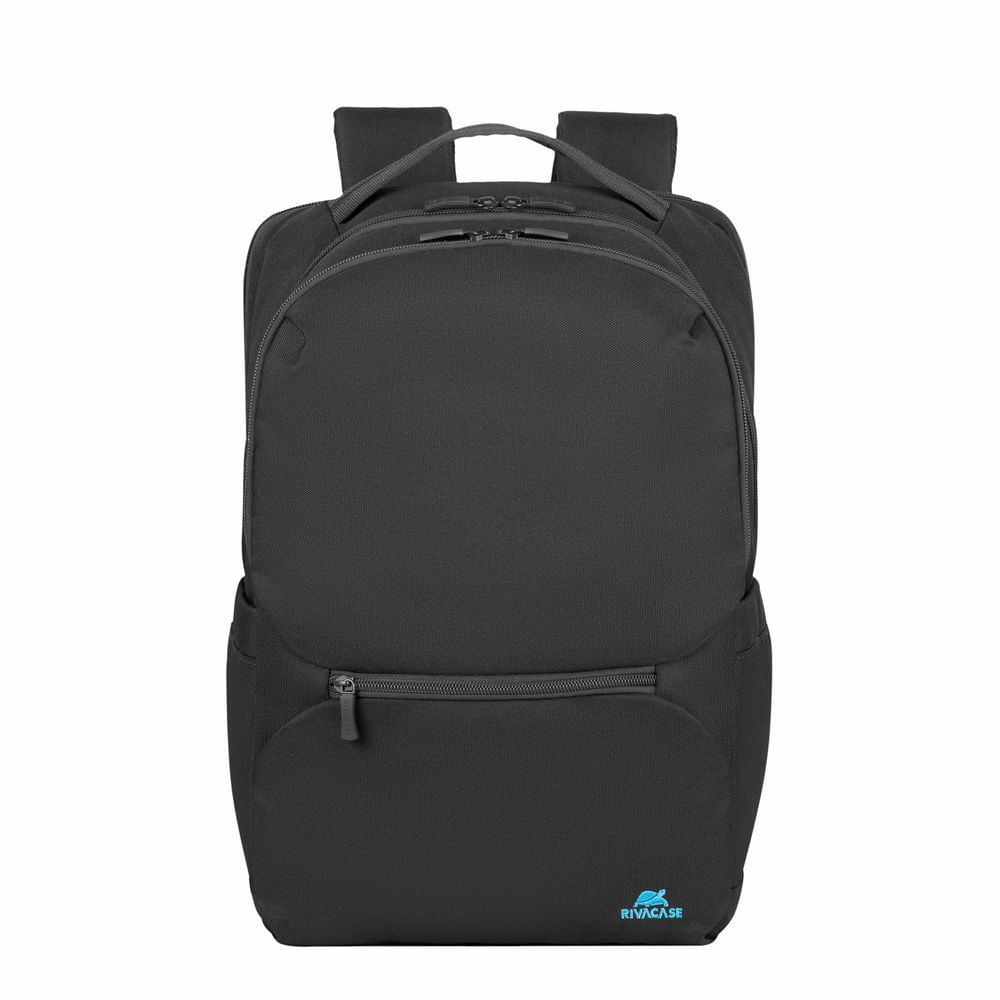 Schwarzer Rucksack mit Reißverschlusstaschen, Griffen und Schultergurten. Der Markenname 'Rivacase' ist unten rechts sichtbar.