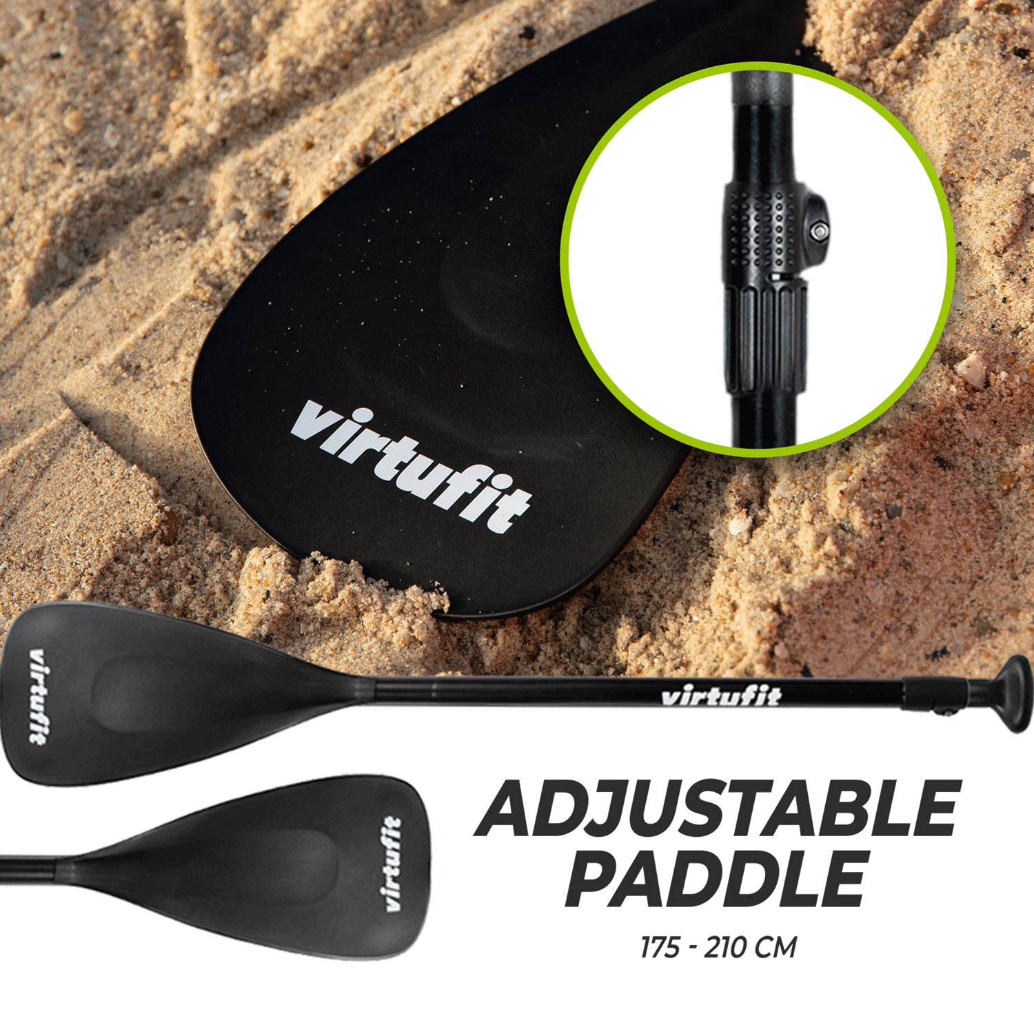 Schwarzes, verstellbares Virtufit-Paddel auf Sand. Enthält Nahaufnahme des verstellbaren Abschnitts. Text: 'ADJUSTABLE PADDLE 175-210 CM'.