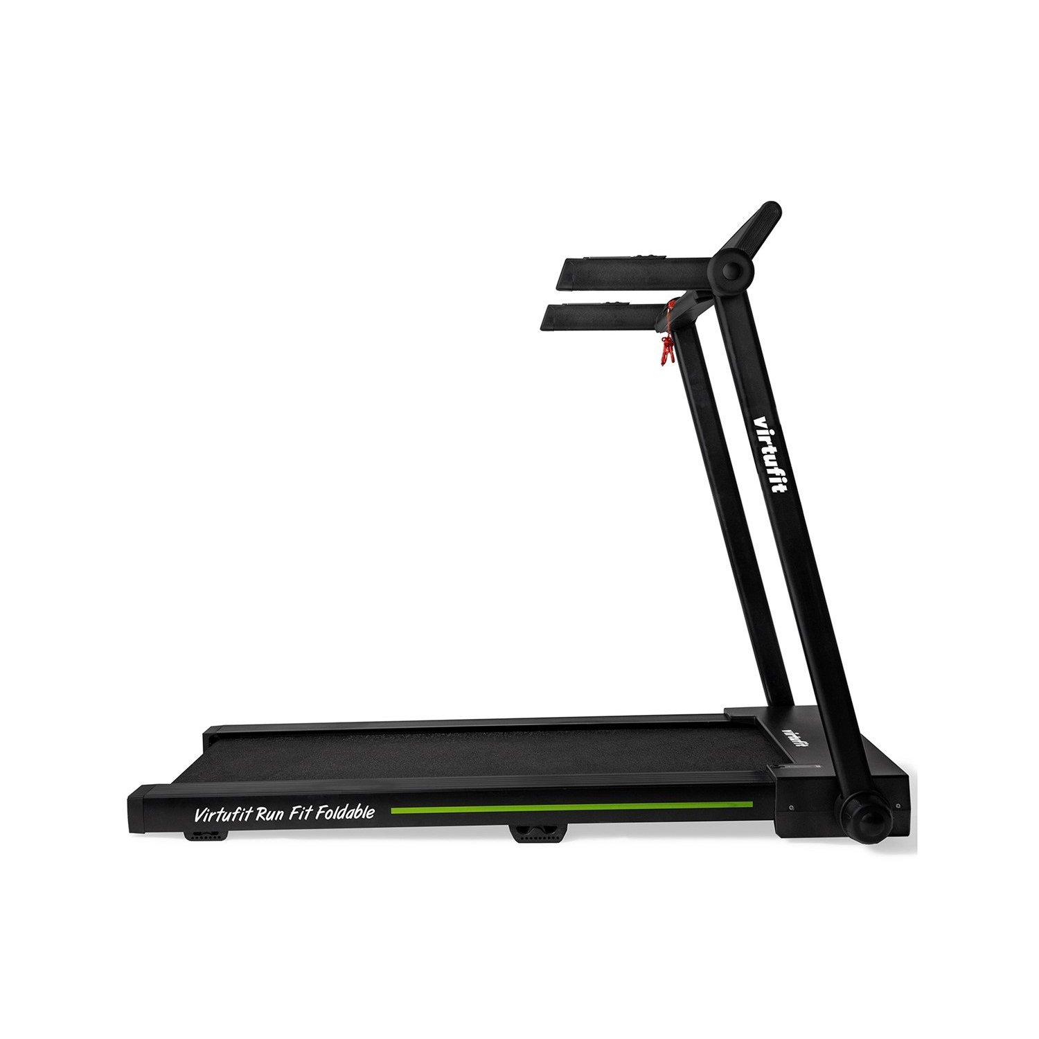 Ein Virtufit Run Fit Foldable Laufband, schwarz und grün, auf weißem Hintergrund. Das Laufband ist zusammengeklappt.