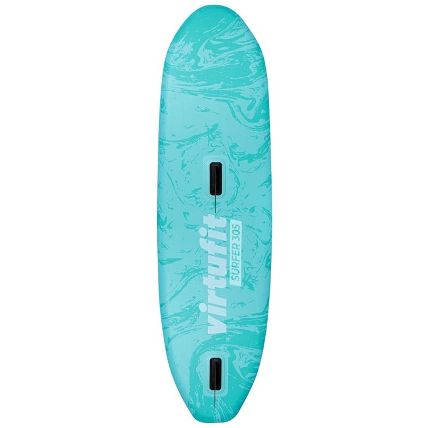 Ein türkisfarbenes Paddleboard mit Marmoreffekt. Es hat zwei schwarze Griffe und den Text 'Virtufit SURFER 305' in Weiß.