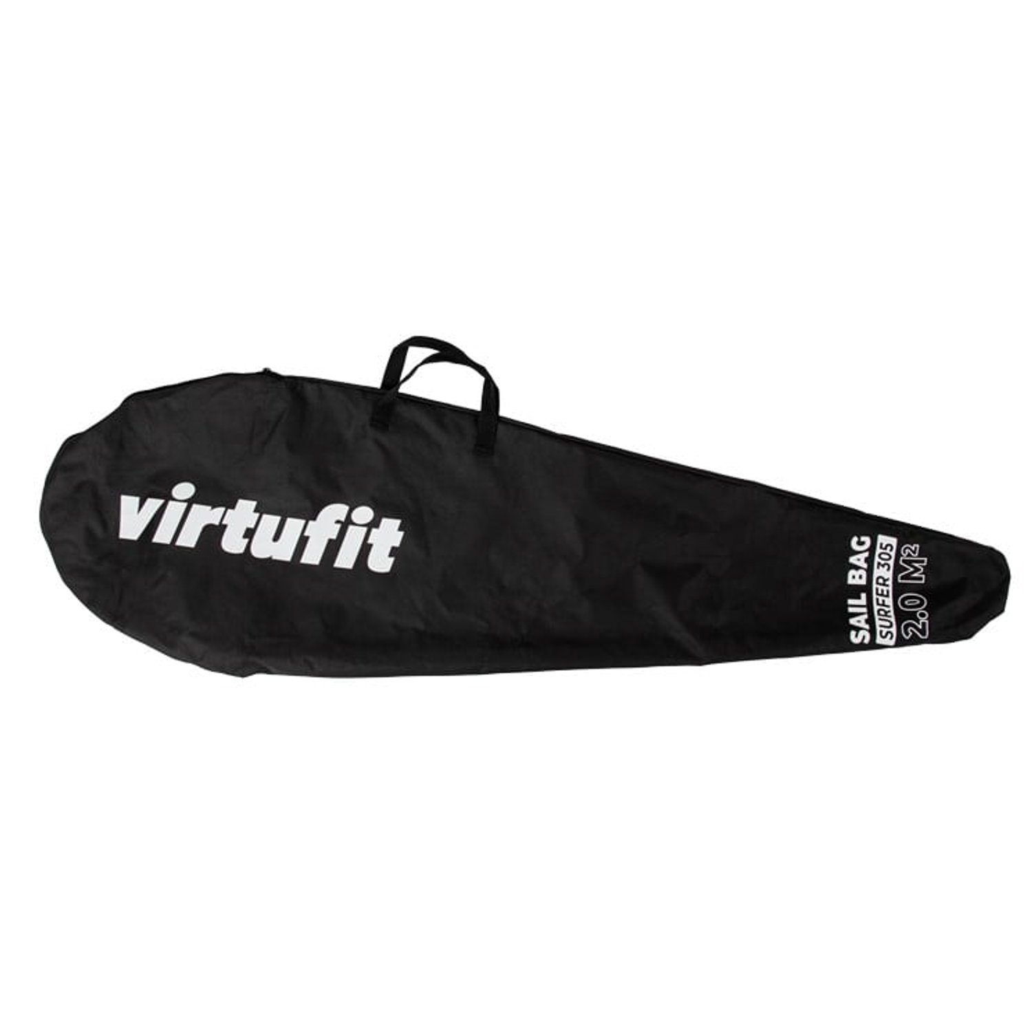 Schwarze Virtufit Segeltasche auf weißem Hintergrund. Text enthält "virtufit", "SAIL BAG", "SURFER 305" und "2.0 M2".