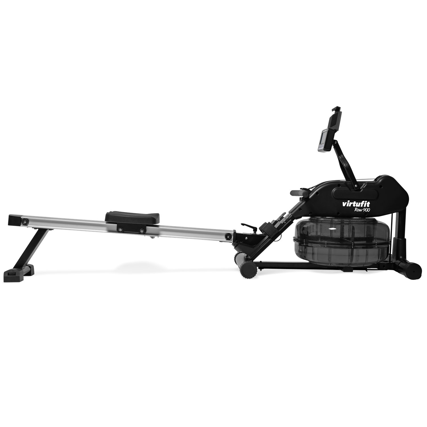 Schwarze und silberne Rudermaschine. Die Maschine hat einen Sitz, einen Wassertank und ein Display. Der Markenname ist 'virtufit Row 900'.