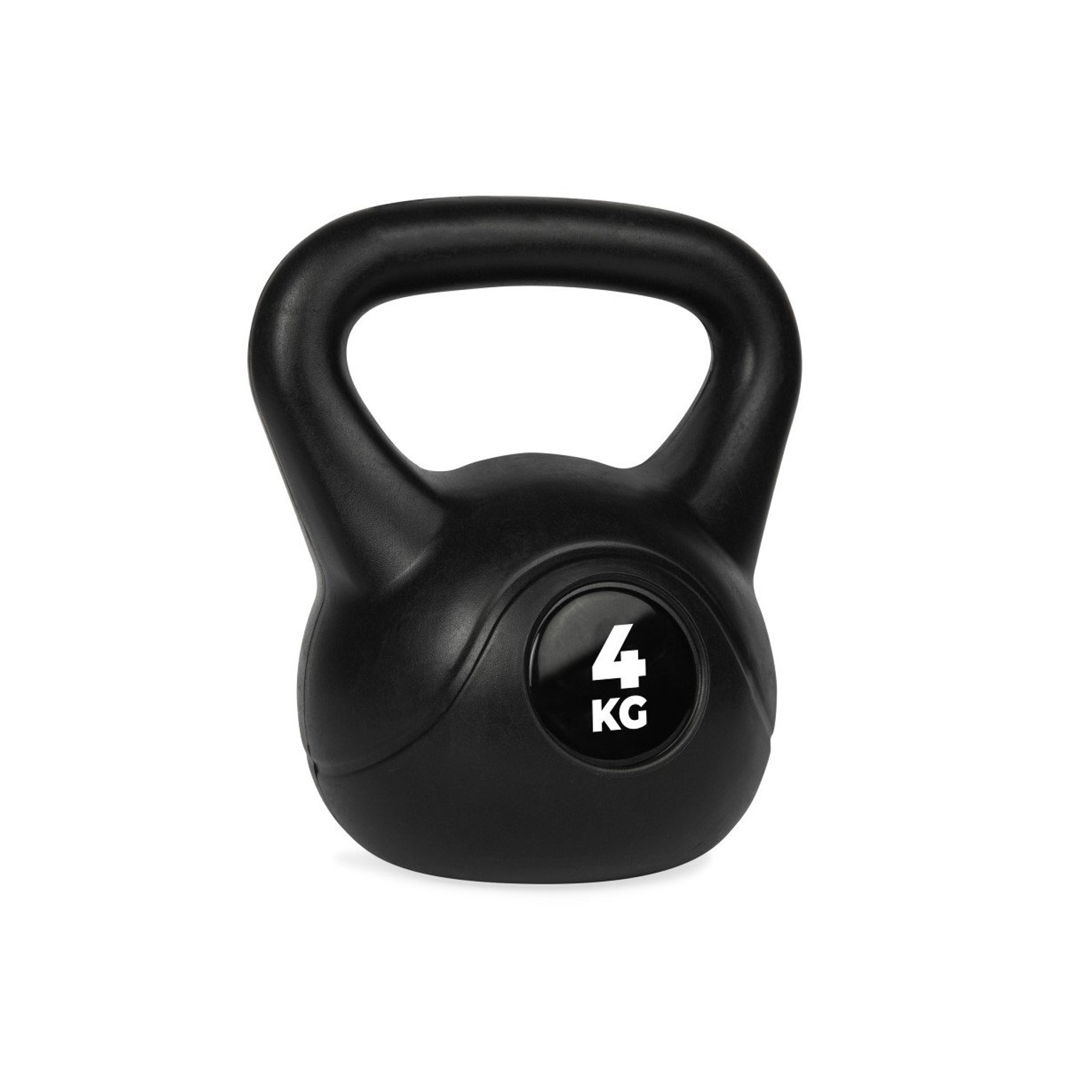 Eine schwarze Kettlebell mit Griff. Es hat ein weißes Etikett mit der Aufschrift '4 KG'.