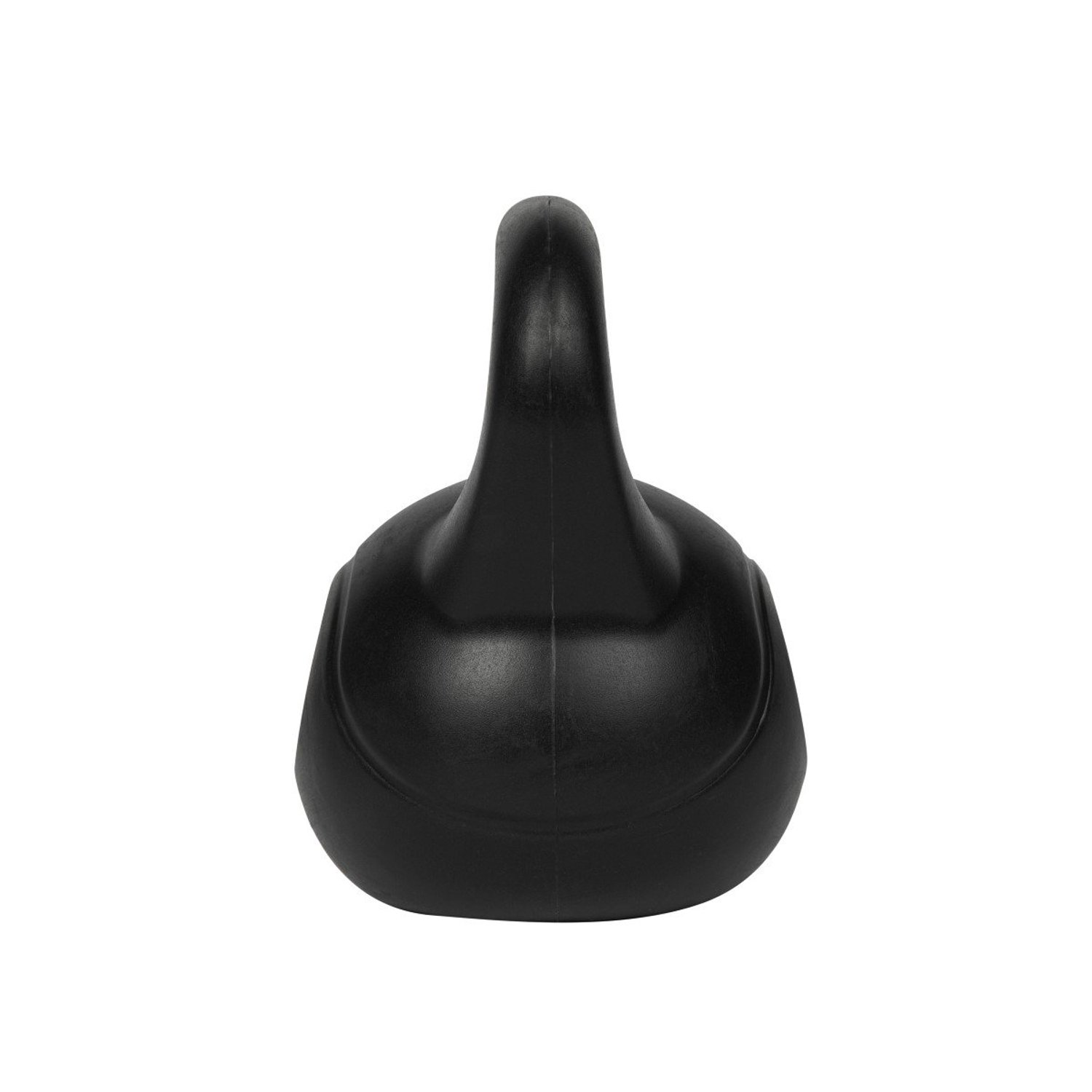 Eine schwarze Kettlebell steht vor weißem Hintergrund. Der Griff ist nach oben gebogen. Die Form ist abgerundet.