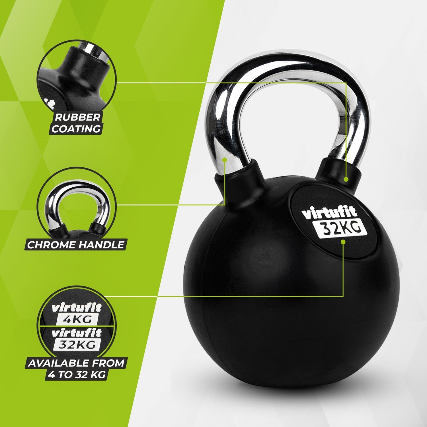 Eine schwarze Virtufit-Kettlebell mit verchromtem Griff. Sie hat eine Gummiummantelung und ist mit 32 kg beschriftet. Erhältlich von 4 bis 32 kg.