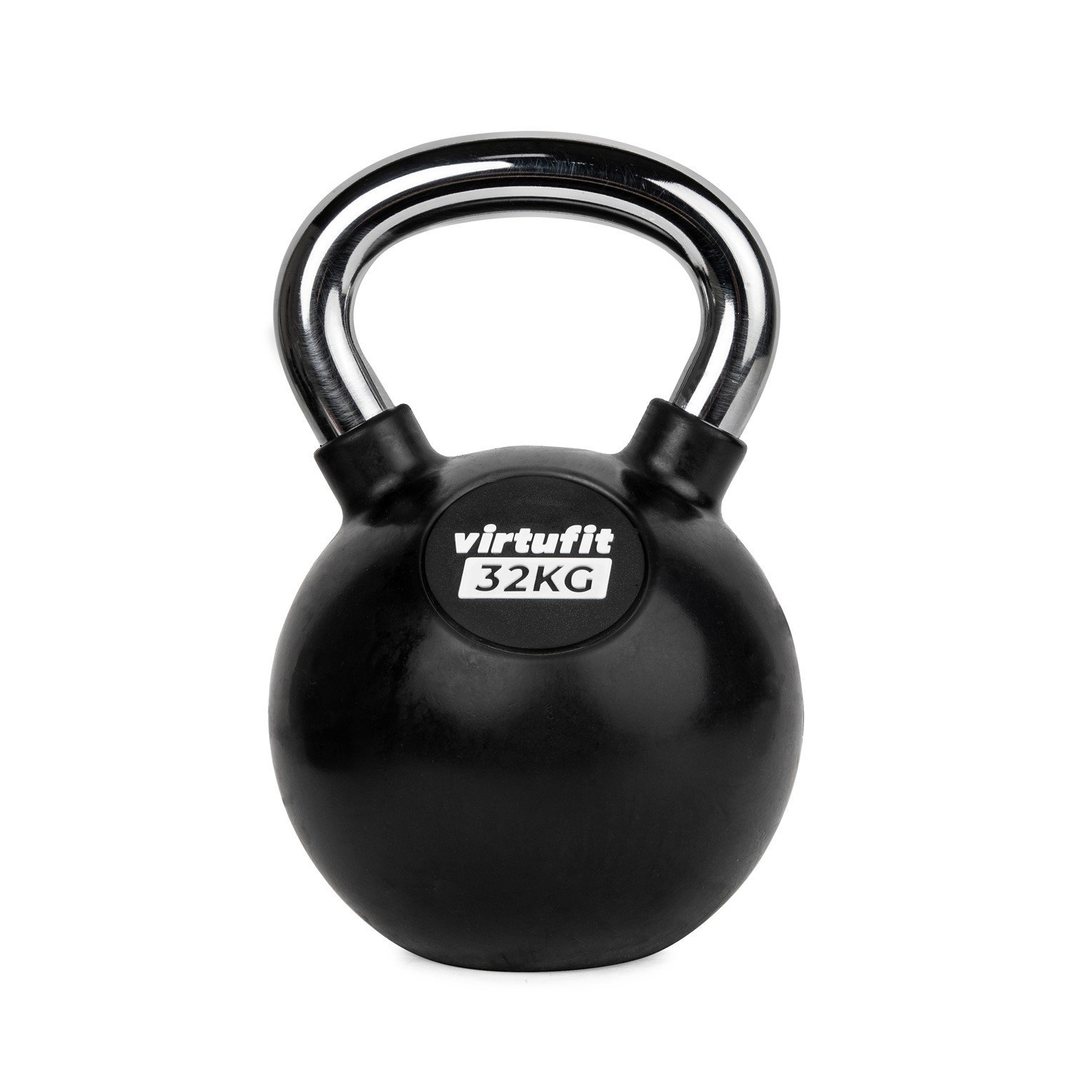Eine schwarze Kettlebell mit silbernem Griff. Sie trägt die Marke 'virtufit' und das Gewicht '32KG'. Auf weißem Hintergrund.