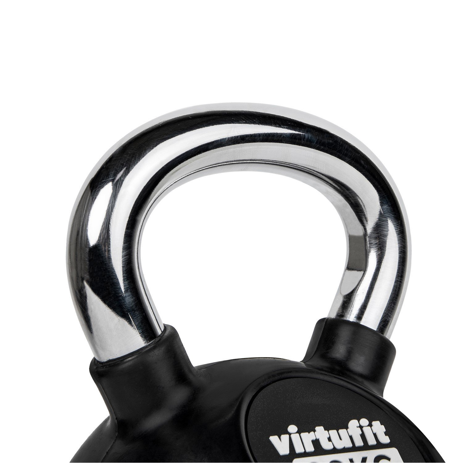 Nahaufnahme einer schwarzen Kettlebell mit glänzendem silbernen Griff. Die Marke 'virtufit' ist sichtbar.