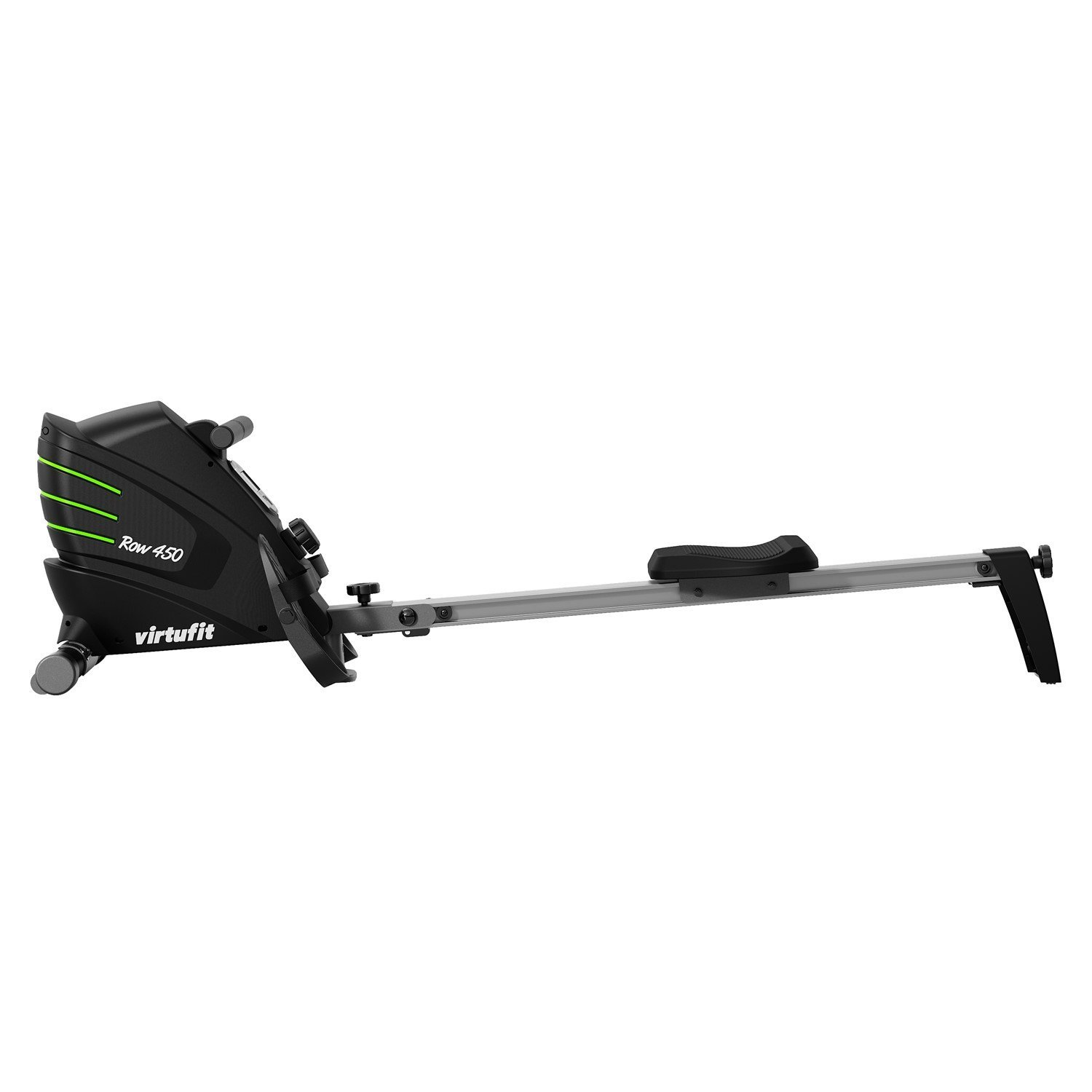 Eine schwarze und silberne VirtuFit Row 450 Rudermaschine. Sie hat einen Sitz, Fußstützen und einen Griff. Der Hintergrund ist weiß.