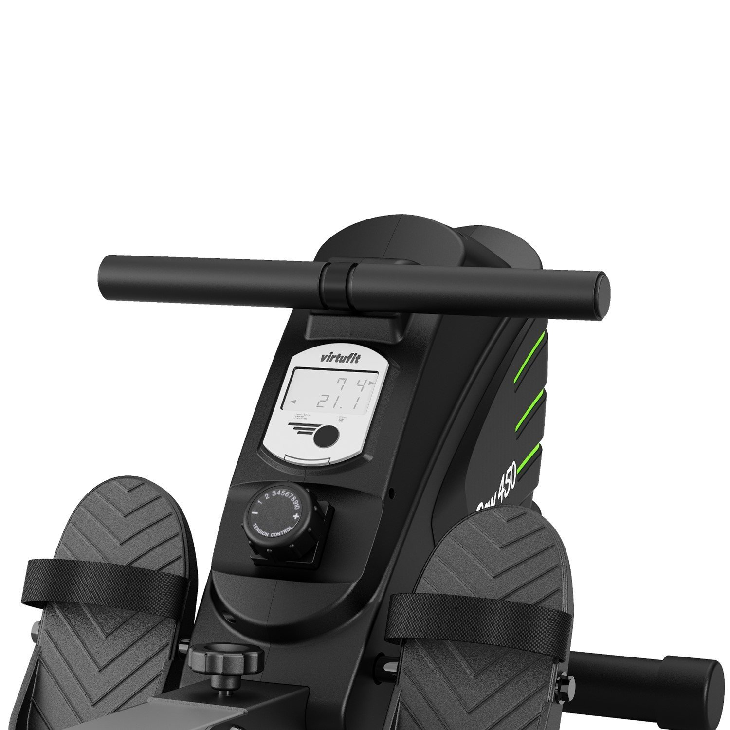 Nahaufnahme der Konsole und Griffe eines Rudergeräts. Es zeigt ein digitales Display, Zugkraftregelung, Fußstützen und den Markennamen 'virtufit'.