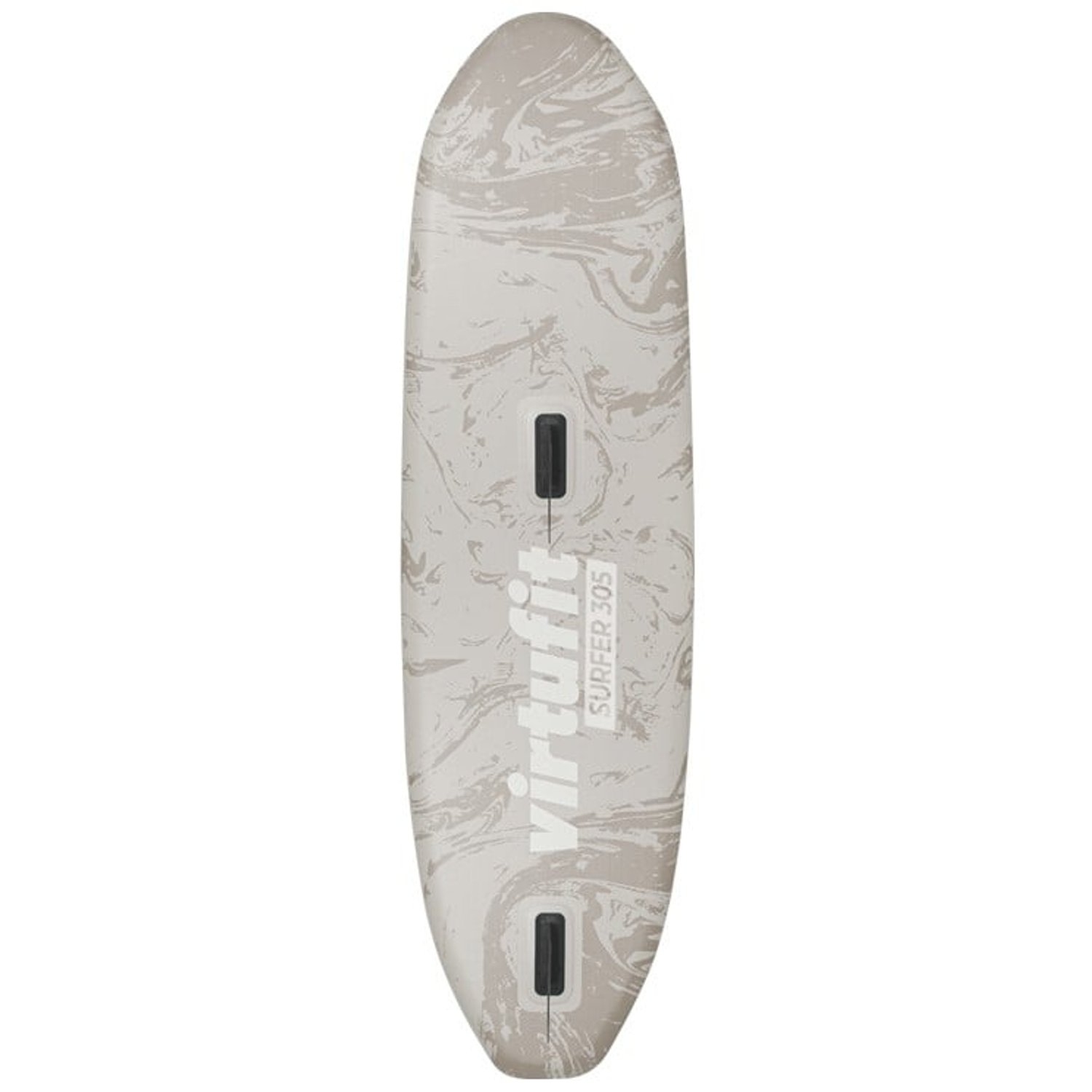 Ein weißes und graues Paddleboard mit marmorähnlichem Muster. Es hat zwei schwarze Griffe und den Text 'Virtufit SURFER 305'.