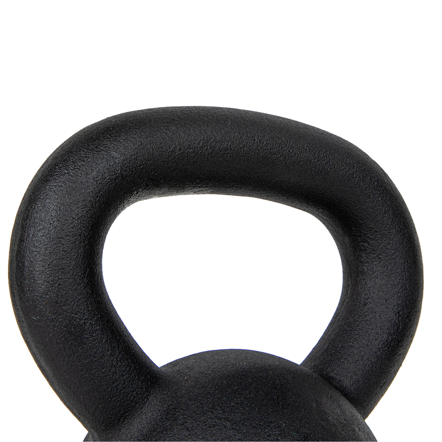 Nahaufnahme eines schwarzen Kettlebell-Griffs vor weißem Hintergrund. Der Griff hat eine strukturierte Oberfläche und ist zentriert.
