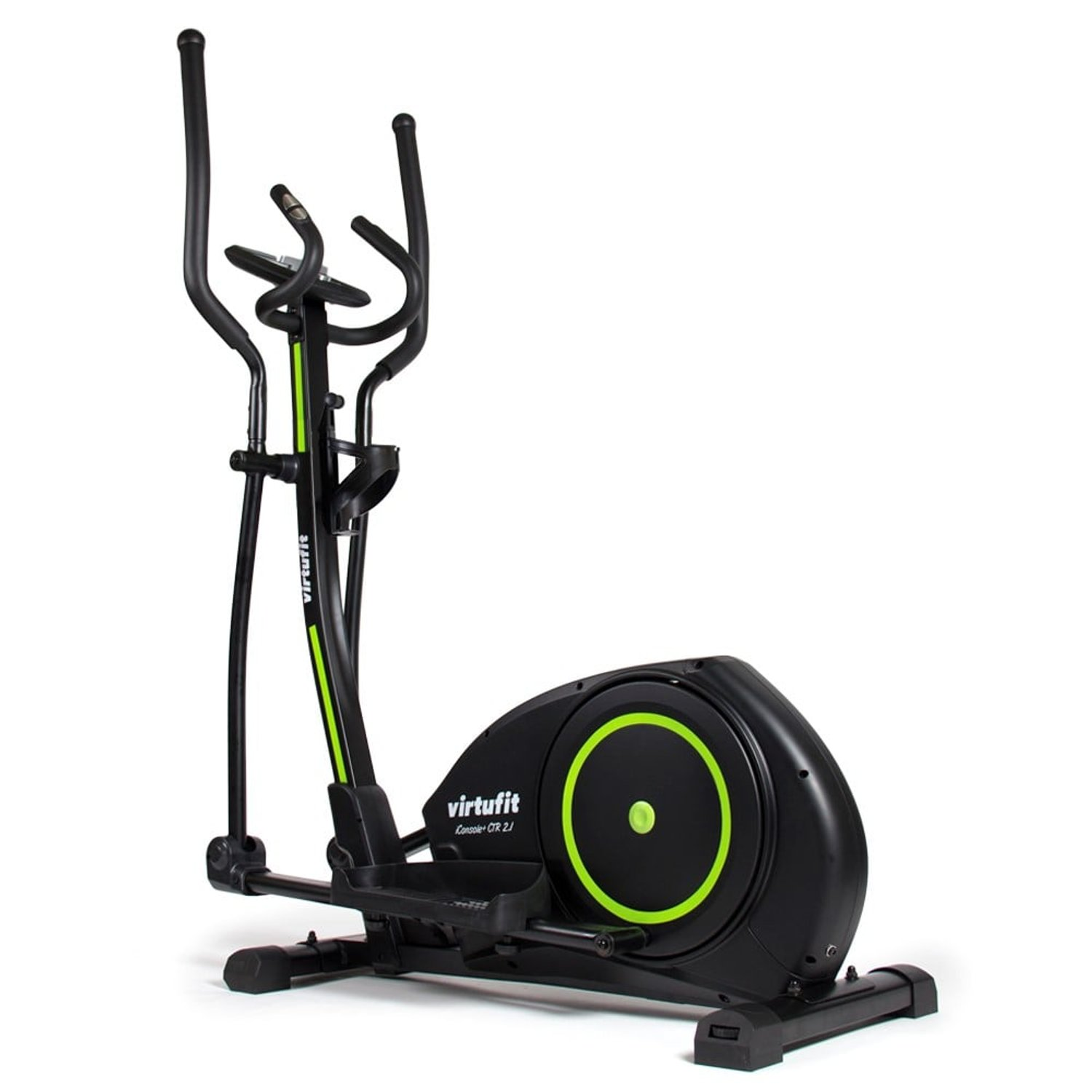 Ein Crosstrainer. Schwarz-grünes Farbschema. Markenname 'virtufit'. Griffe, Pedale und ein großes Schwungrad.