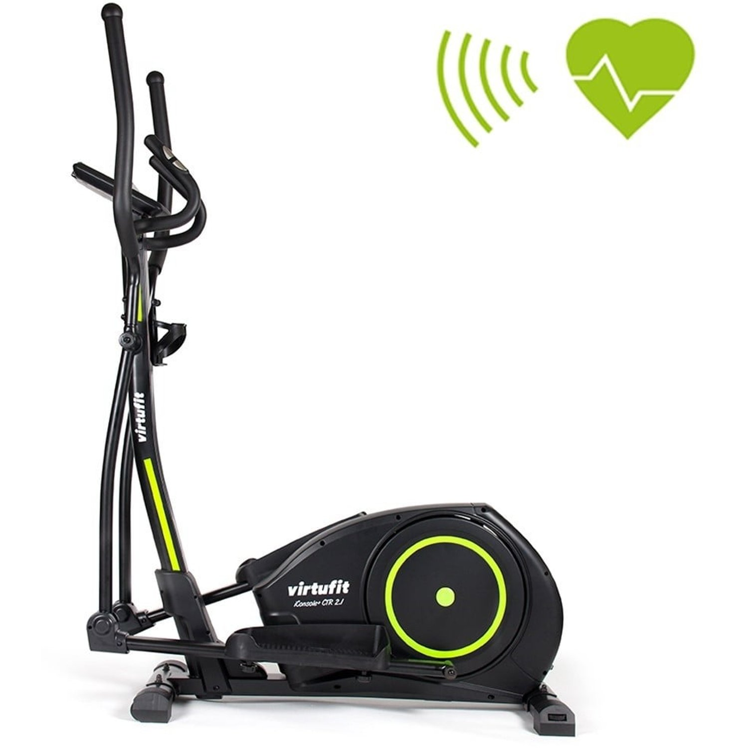 Ein Crosstrainer, schwarz mit grünen Akzenten. Ein grünes Herzfrequenzmonitor-Symbol ist sichtbar. Die Marke ist 'virtufit'.