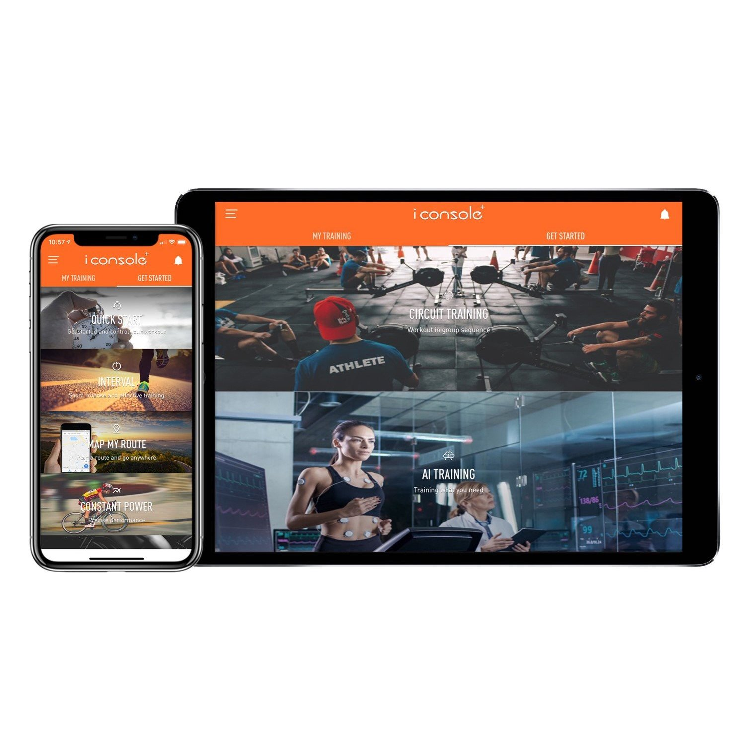 Ein Telefon und ein Tablet zeigen die 'i console'-App. Das Telefon zeigt Workout-Optionen. Das Tablet zeigt Trainingsbildschirme mit Athleten.