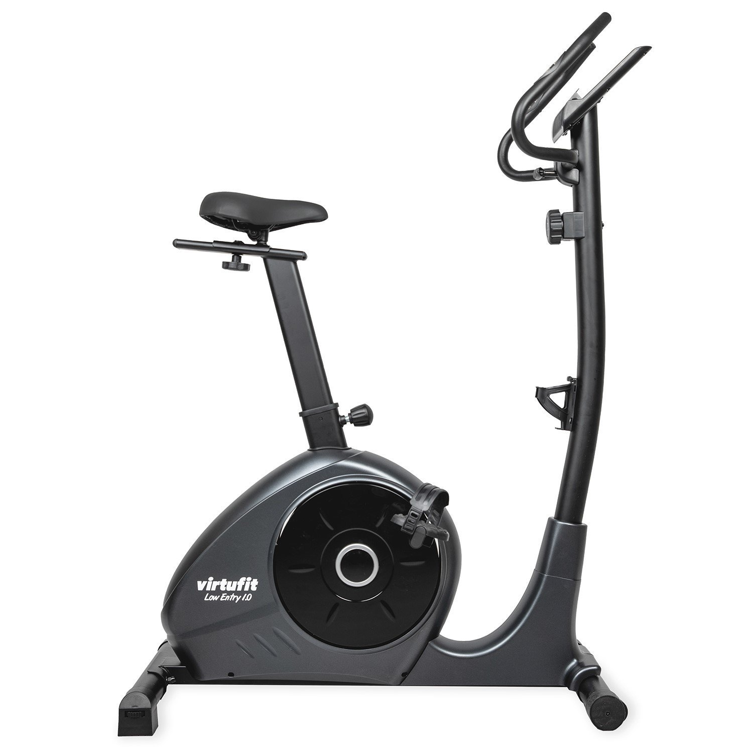 Ein graues stationäres Trainingsfahrrad mit schwarzem Sitz, Lenker und Pedalen. Der Markenname 'virtufit' ist sichtbar.