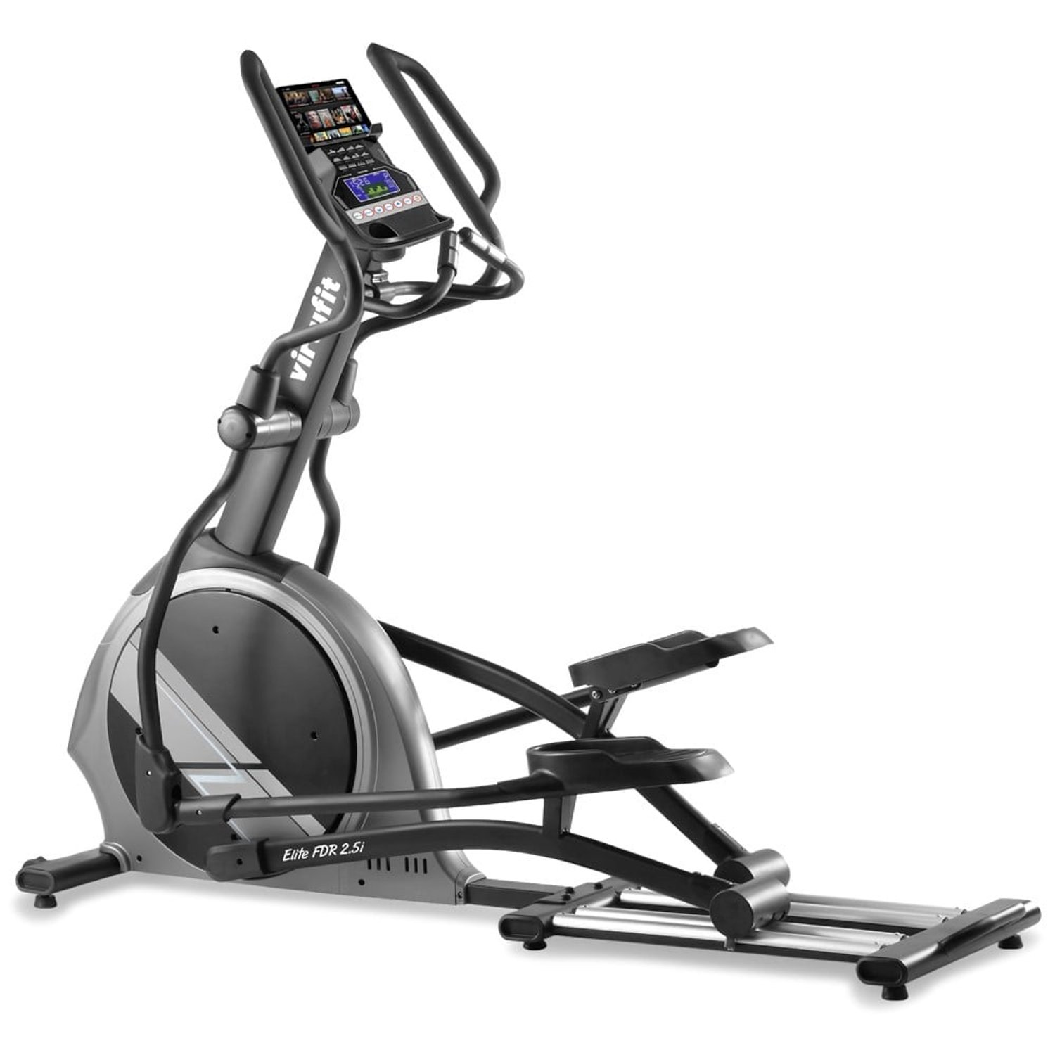 Ein Crosstrainer. Es hat ein digitales Display, Handläufe und Fußpedale. Grau-Schwarz-Farbschema. Die Marke ist 'vifit'.