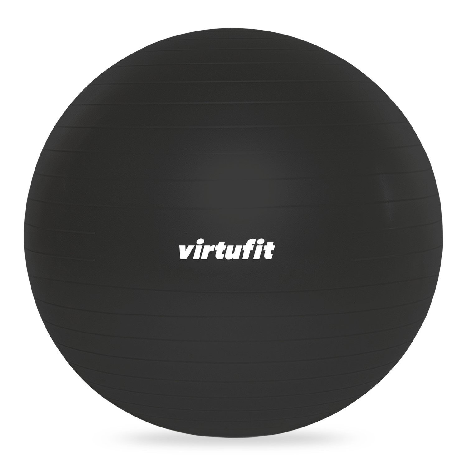 Ein schwarzer Gymnastikball mit dem weißen Wort 'virtufit'. Der Ball ist zentriert und der Hintergrund ist weiß.