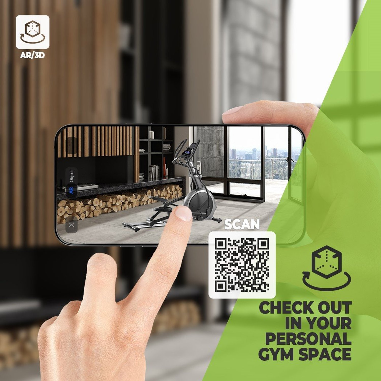 Handy mit Trainingsgerät. QR-Code und Text mit Holz-Hintergrund.