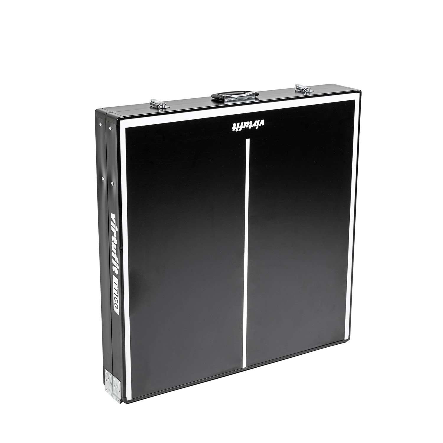 Ein geschlossener, schwarzer Virtufit TT160 Tisch. Er hat einen weißen Streifen und einen Griff oben. Der Hintergrund ist weiß.