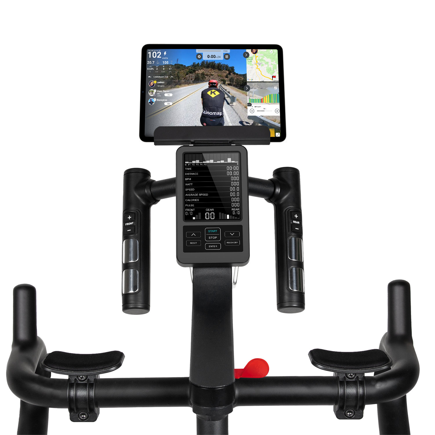 Heimtrainer mit Bildschirm, der Fahrraddaten anzeigt, und Tablet mit Radfahrer auf der Straße. Schwarz und Silber.