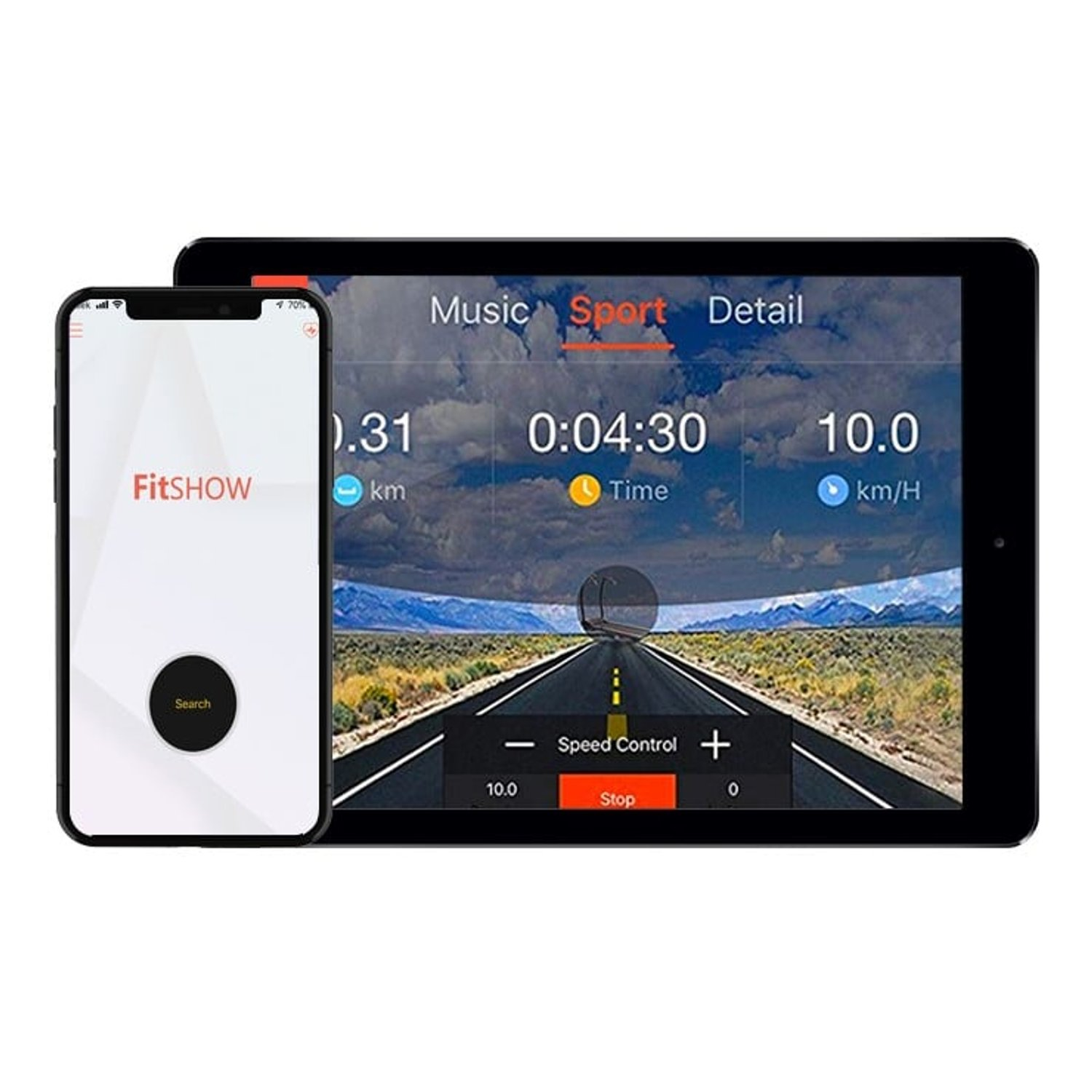 Ein Telefon und ein Tablet, die eine Fitness-App-Oberfläche zeigen. Das Tablet zeigt eine Straßen grafik und Trainingsdaten, das Telefon zeigt das App-Logo.