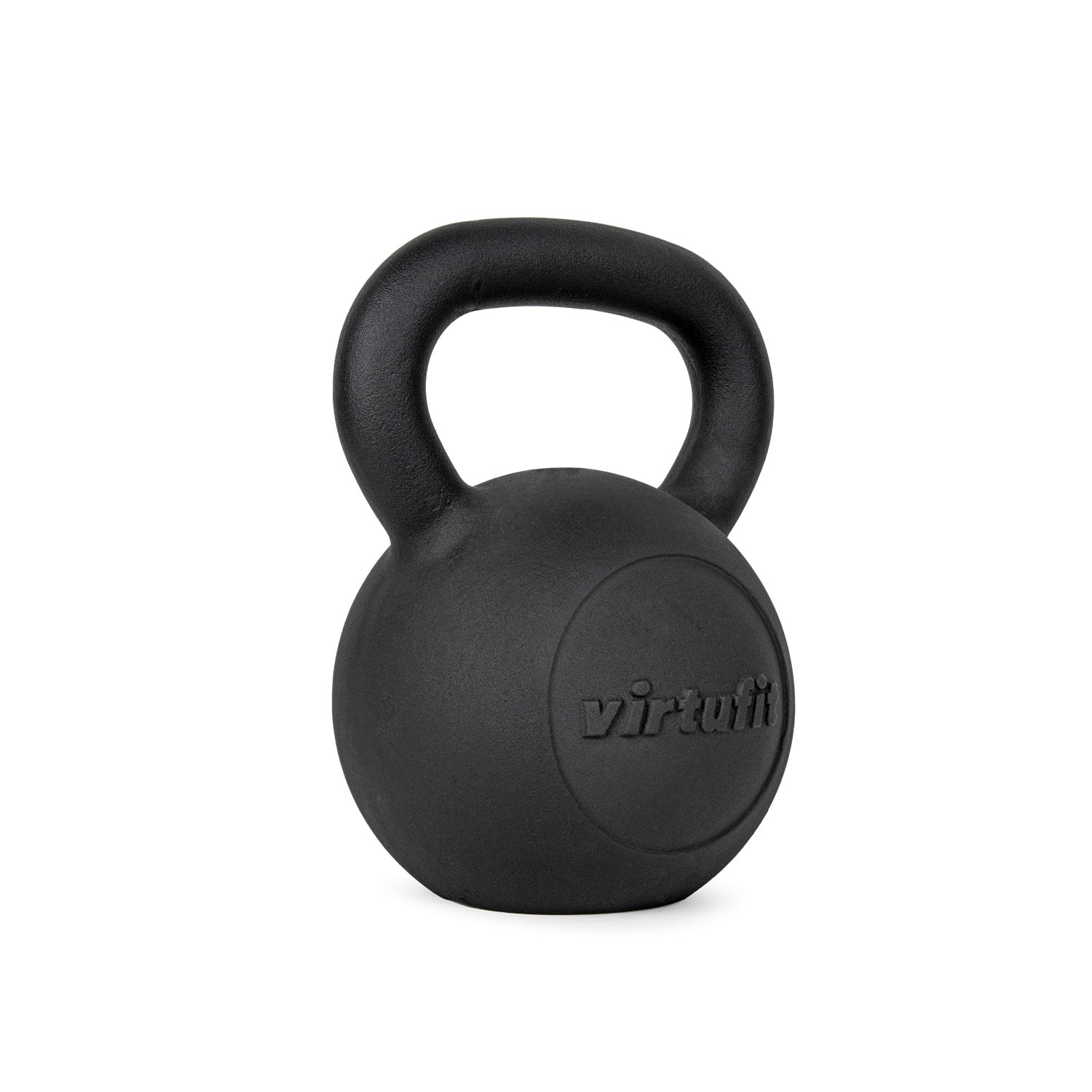 Eine schwarze Kettlebell mit Griff steht vor weißem Hintergrund. Das Wort Virtufi steht auf der Kettlebell.