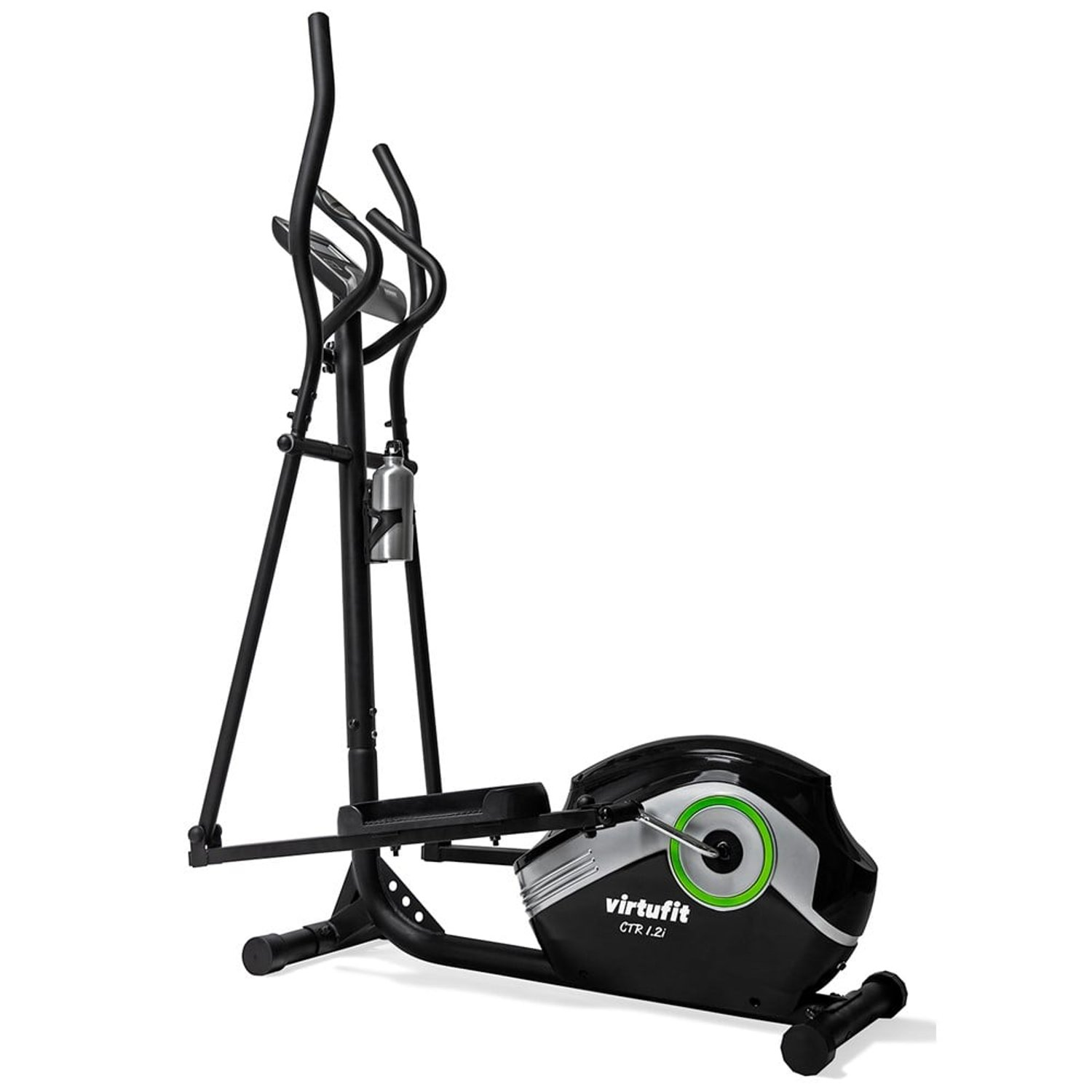 Ein Crosstrainer. Es hat einen schwarzen Rahmen, einen schwarz-silbernen Körper mit einem grünen Kreis. Die Marke ist VirtuFit.