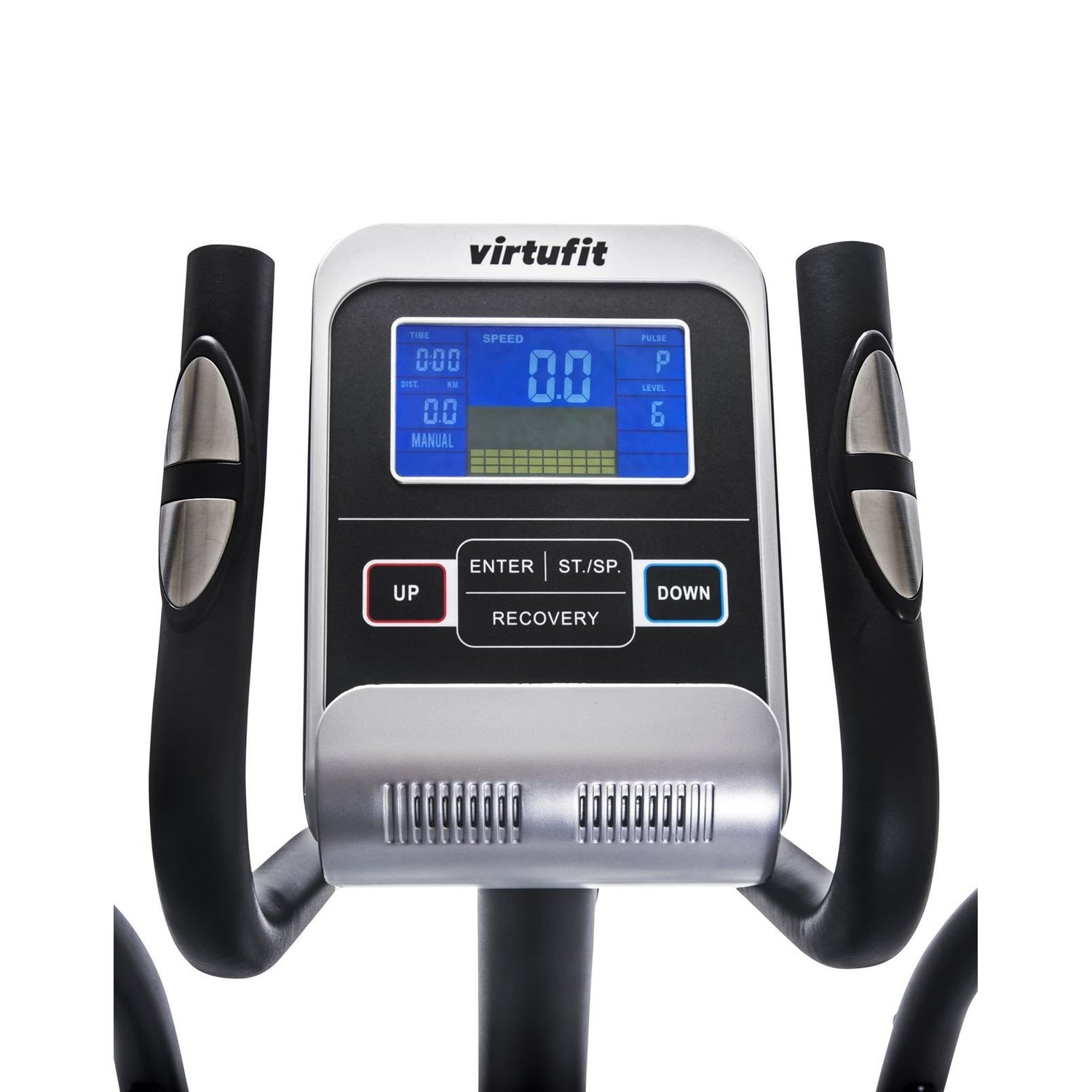 Konsole eines Ellipsentrainers zeigt Zeit, Geschwindigkeit und Stufe an. Die Marke 'virtufit' steht oben. Steuertasten sind sichtbar.