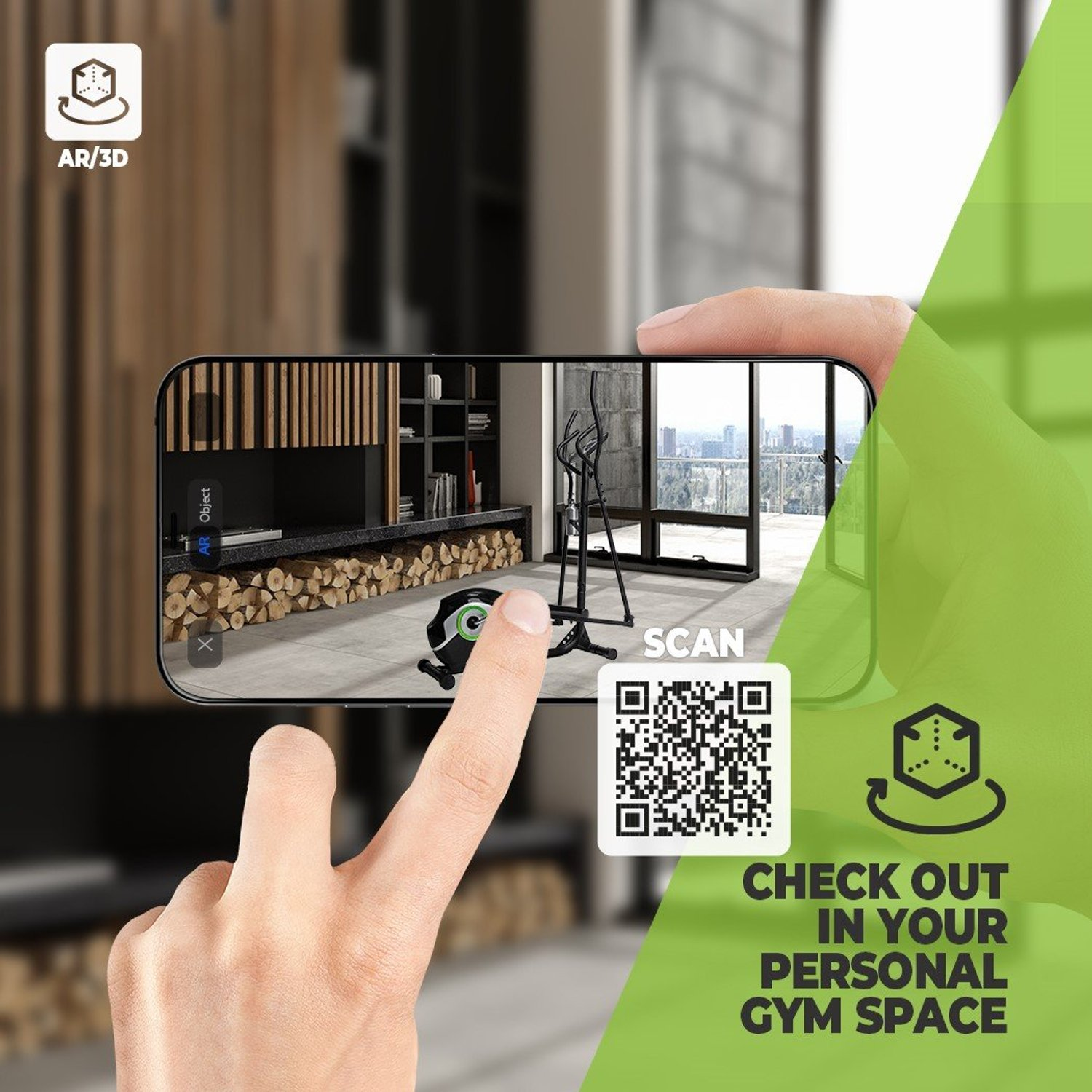 Eine Hand hält ein Telefon, das ein Fitnessstudio zeigt. Ein QR-Code ist vorhanden. Text: 'CHECK OUT IN YOUR PERSONAL GYM SPACE'.
