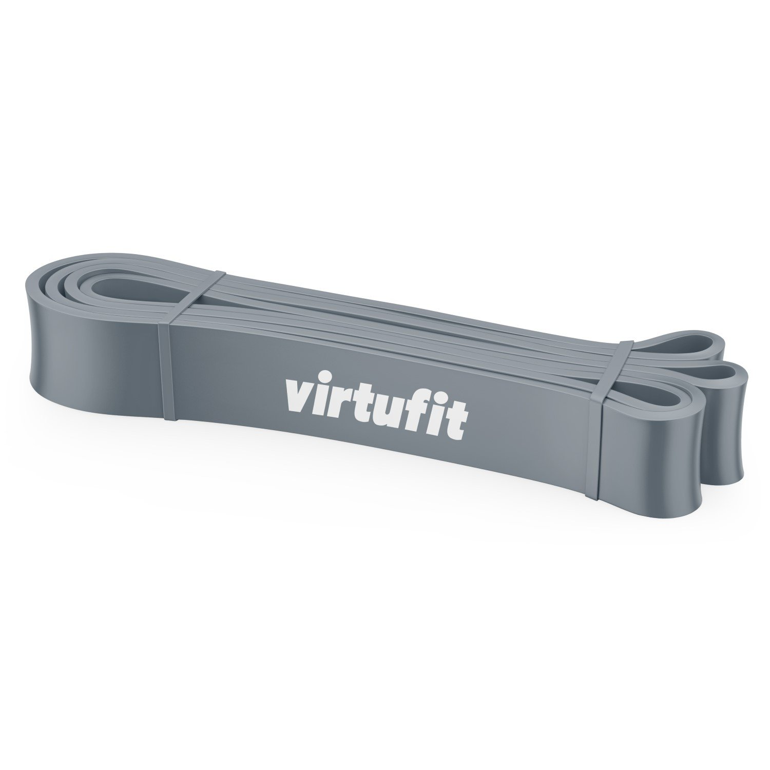 Ein graues Virtufit-Widerstandsband liegt auf einer weißen Oberfläche. Das Band ist gefaltet, und der Markenname ist weiß sichtbar.