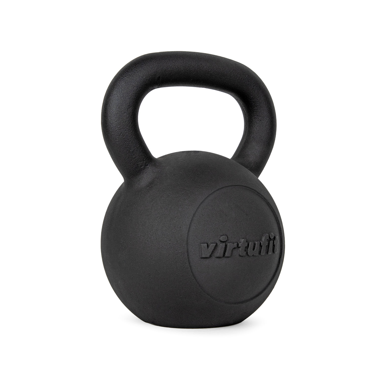 Schwarze Kettlebell mit Griff. Auf dem runden Körper ist das Wort 'virtufi' eingeprägt. Der Hintergrund ist schlicht weiß.