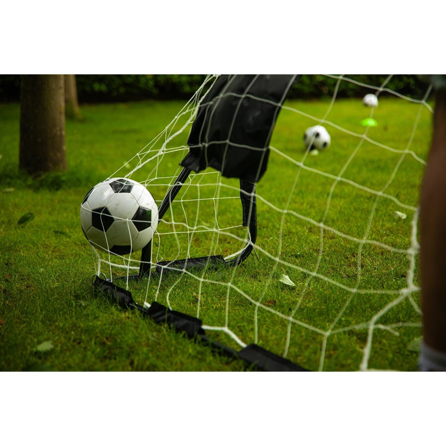 Un pallone da calcio in rete su erba verde. Altre palle e una porta sullo sfondo.