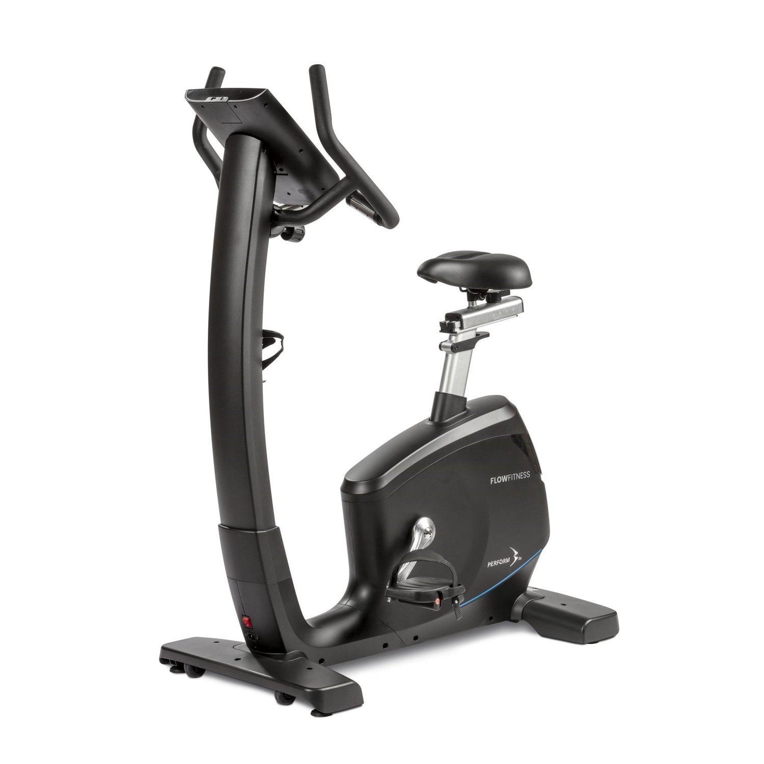 Ein schwarzes stationäres Trainingsfahrrad auf weißem Hintergrund. Es hat einen Sitz, Lenker und Pedale. Der Markenname 'FLOWFITNESS' ist sichtbar.