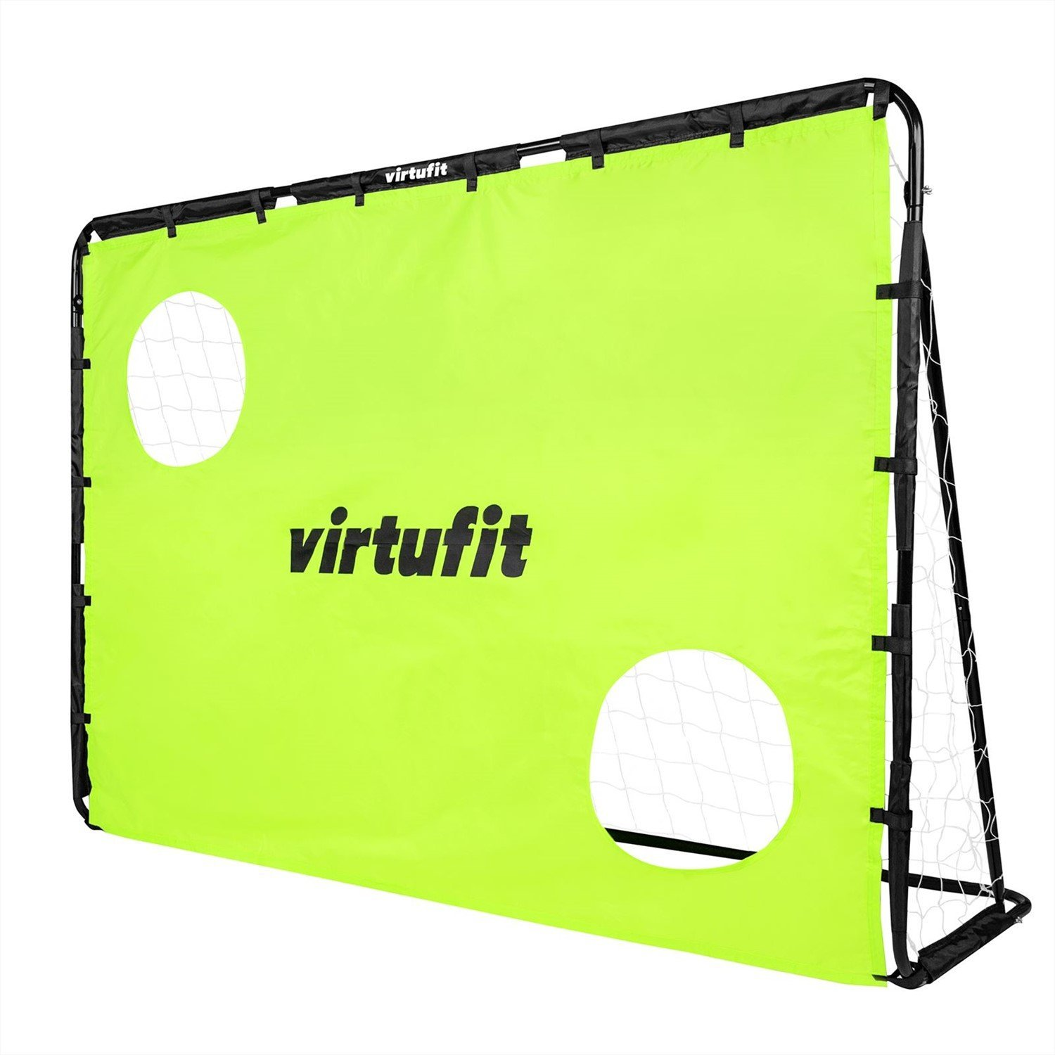 Una rete da allenamento di calcio verde Virtufit con due fori bianchi. Cornice e rete nere, logo Virtufit visibile.