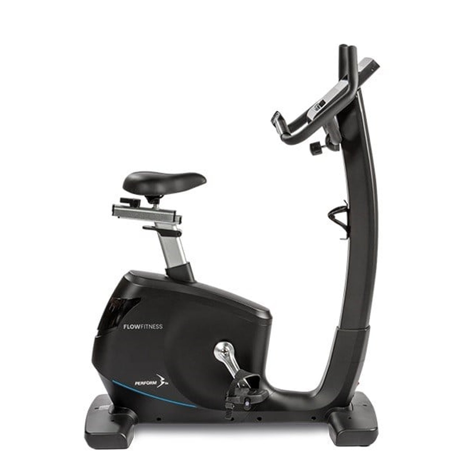 Ein schwarzes stationäres Trainingsfahrrad. Es hat einen Sitz, Lenker und Pedale, mit dem Markennamen 'Flow Fitness'.