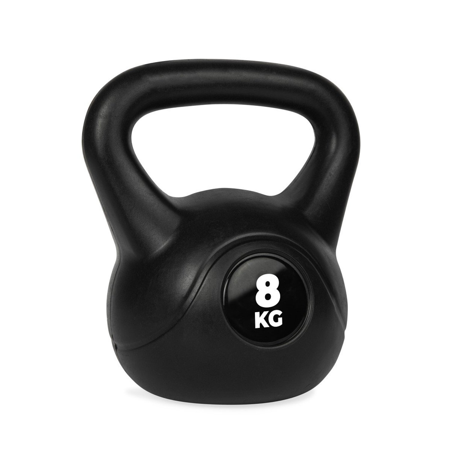 Schwarze Kettlebell mit Griff. Auf einem weißen Kreis mit 8 KG markiert. Isoliert auf weißem Hintergrund. Fitnessgerät.