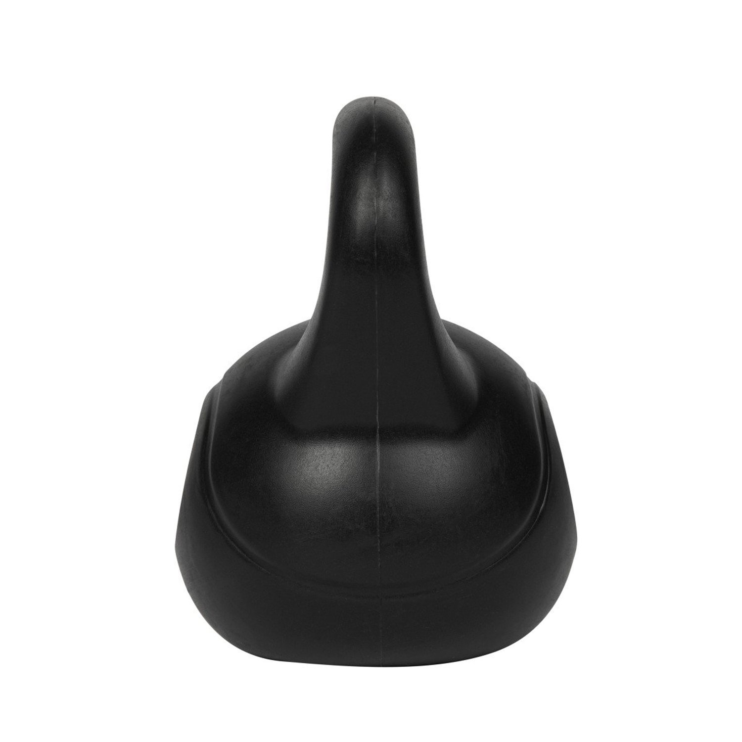 Eine schwarze Kettlebell, isoliert auf weißem Hintergrund. Sie hat einen abgerundeten Sockel mit einem nach oben gebogenen Griff.