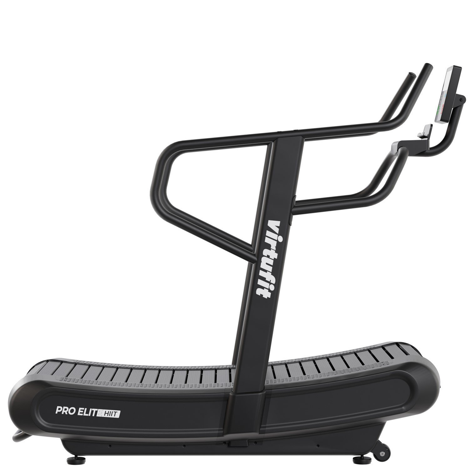 Ein schwarzes VirtuFit Pro Elite HIIT Laufband. Es hat eine gebogene Lauffläche, schwarze Handläufe und einen Bildschirm.